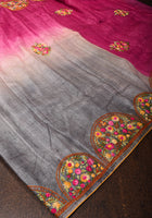 Magenta Ombre  Gachi Tussar Silk Saree with Hand Embroidery |CERTIFIED SILK