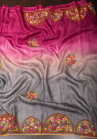 Magenta Ombre  Gachi Tussar Silk Saree with Hand Embroidery |CERTIFIED SILK