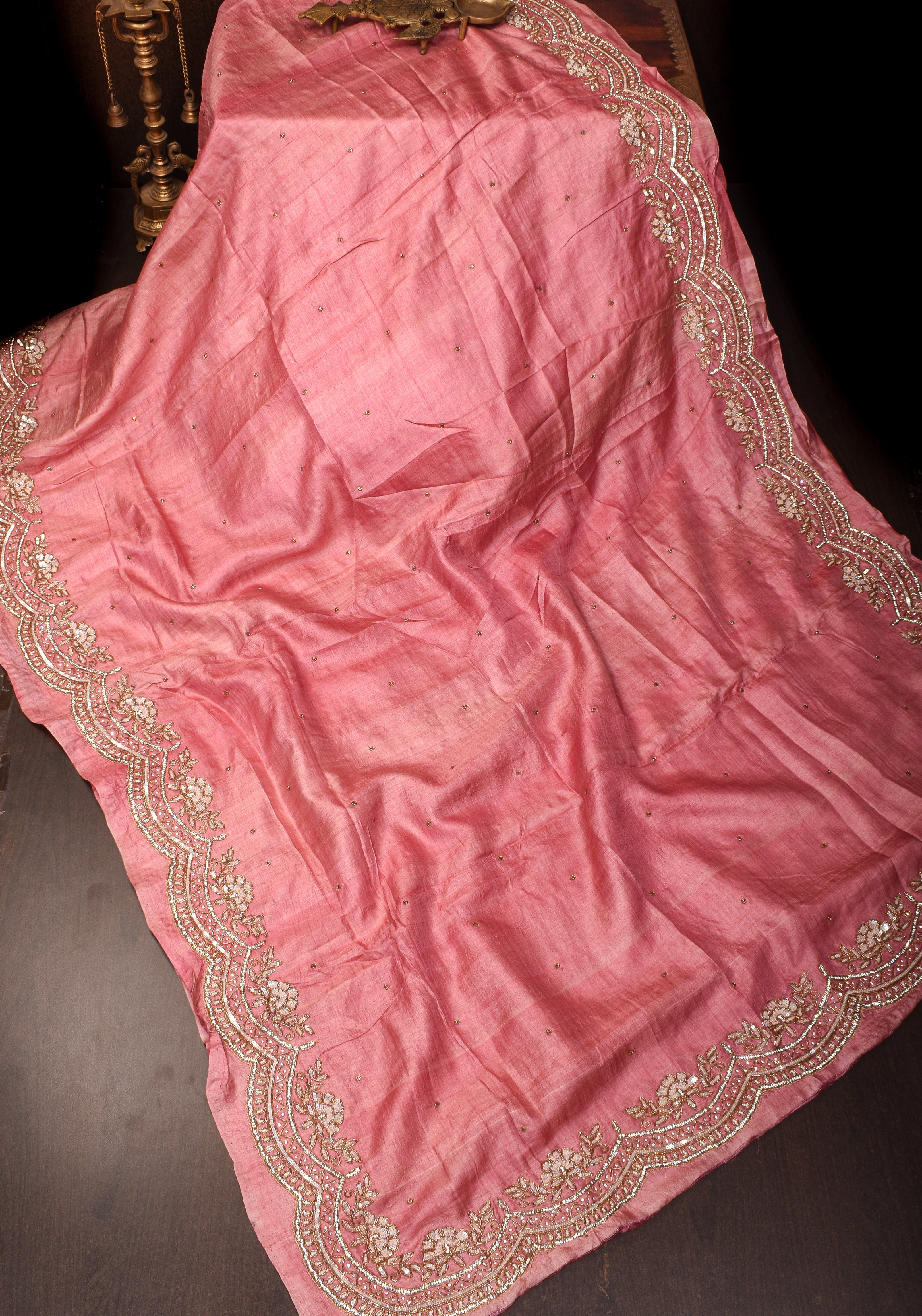 Pink Gachi Tussar Silk Saree with Scallop Cutdana embroidery | CERTIFIED SILK