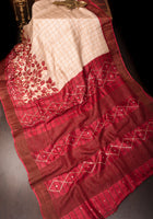 Cream Batik leaf Hand Embroidery Gachi Tussar Silk Saree | CERTIFIED SILK