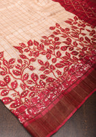 Cream Batik leaf Hand Embroidery Gachi Tussar Silk Saree | CERTIFIED SILK