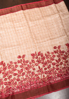 Cream Batik leaf Hand Embroidery Gachi Tussar Silk Saree | CERTIFIED SILK