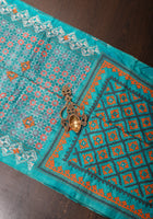 Teal Blue Gachi Tussar Silk Saree with Floral Batik and Mirror Work | CERTIFIED SILK