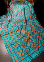 Teal Blue Gachi Tussar Silk Saree with Floral Batik and Mirror Work | CERTIFIED SILK