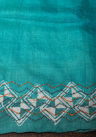 Teal Blue Gachi Tussar Silk Saree with Floral Batik and Mirror Work | CERTIFIED SILK