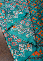 Teal Blue Gachi Tussar Silk Saree with Floral Batik and Mirror Work | CERTIFIED SILK