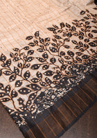 Cream Batik leaf Hand Embroidery Gachi Tussar Silk Saree | CERTIFIED SILK