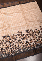 Cream Batik leaf Hand Embroidery Gachi Tussar Silk Saree | CERTIFIED SILK