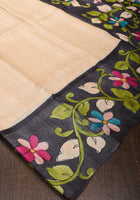 Cream and black Kalamkari Gachi Tussar Silk Saree | CERTIFIED SILK