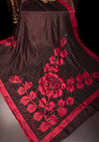 Black and Red Floral batik Gachi Tussar Silk Saree with mirror work | CERTIFIED SILK