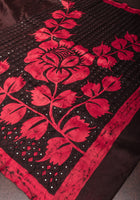 Black and Red Floral batik Gachi Tussar Silk Saree with mirror work | CERTIFIED SILK