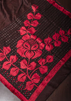 Black and Red Floral batik Gachi Tussar Silk Saree with mirror work | CERTIFIED SILK