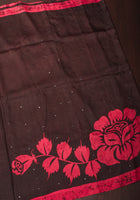 Black and Red Floral batik Gachi Tussar Silk Saree with mirror work | CERTIFIED SILK