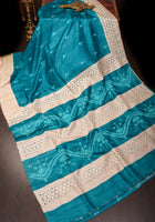 Blue Gachi Tussar Silk Saree with pitta and Mirror Work | CERTIFIED SILK