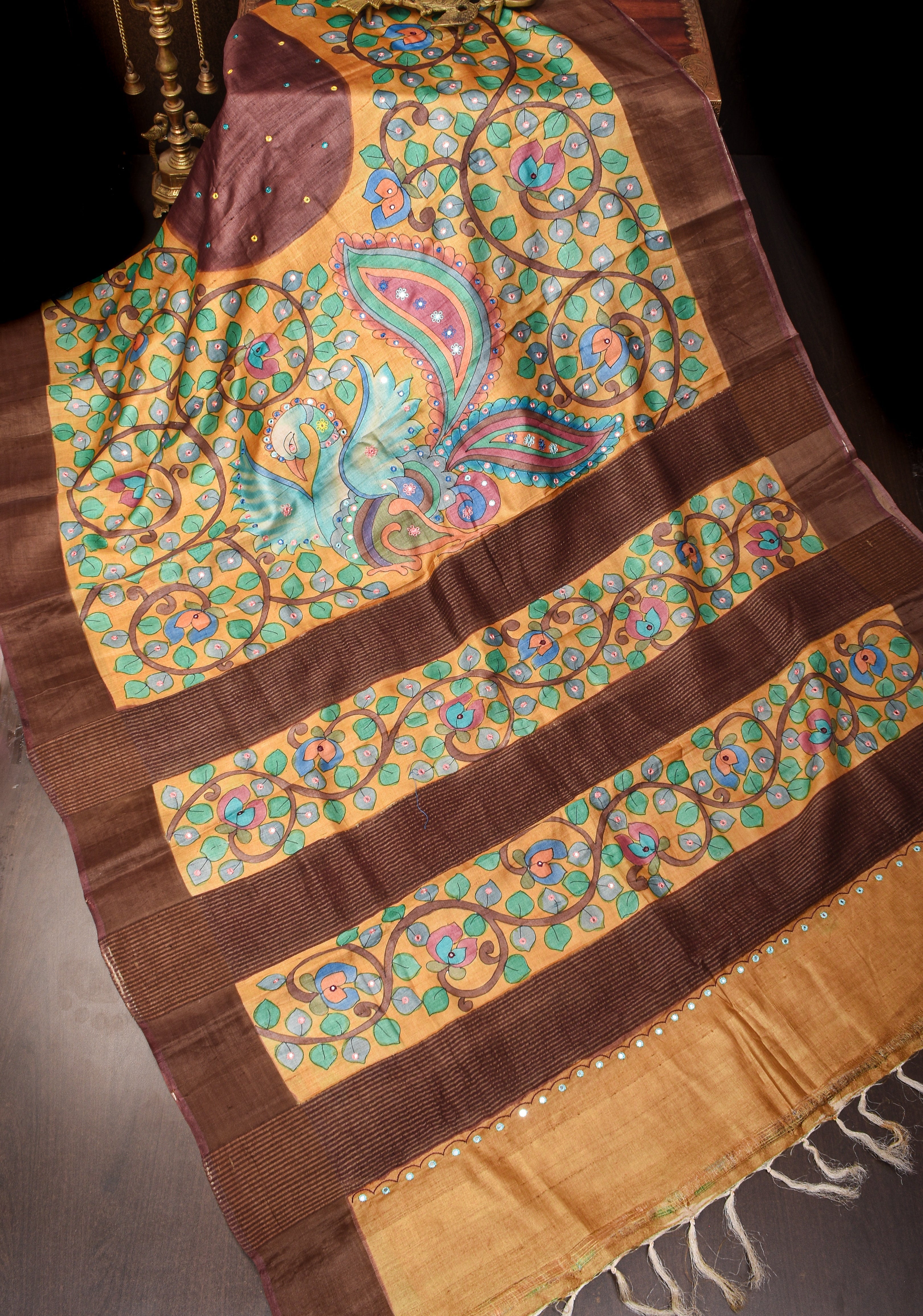 Yellow Half and Half Kalamkari Gachi Tussar Silk Saree | CERTIFIED SILK