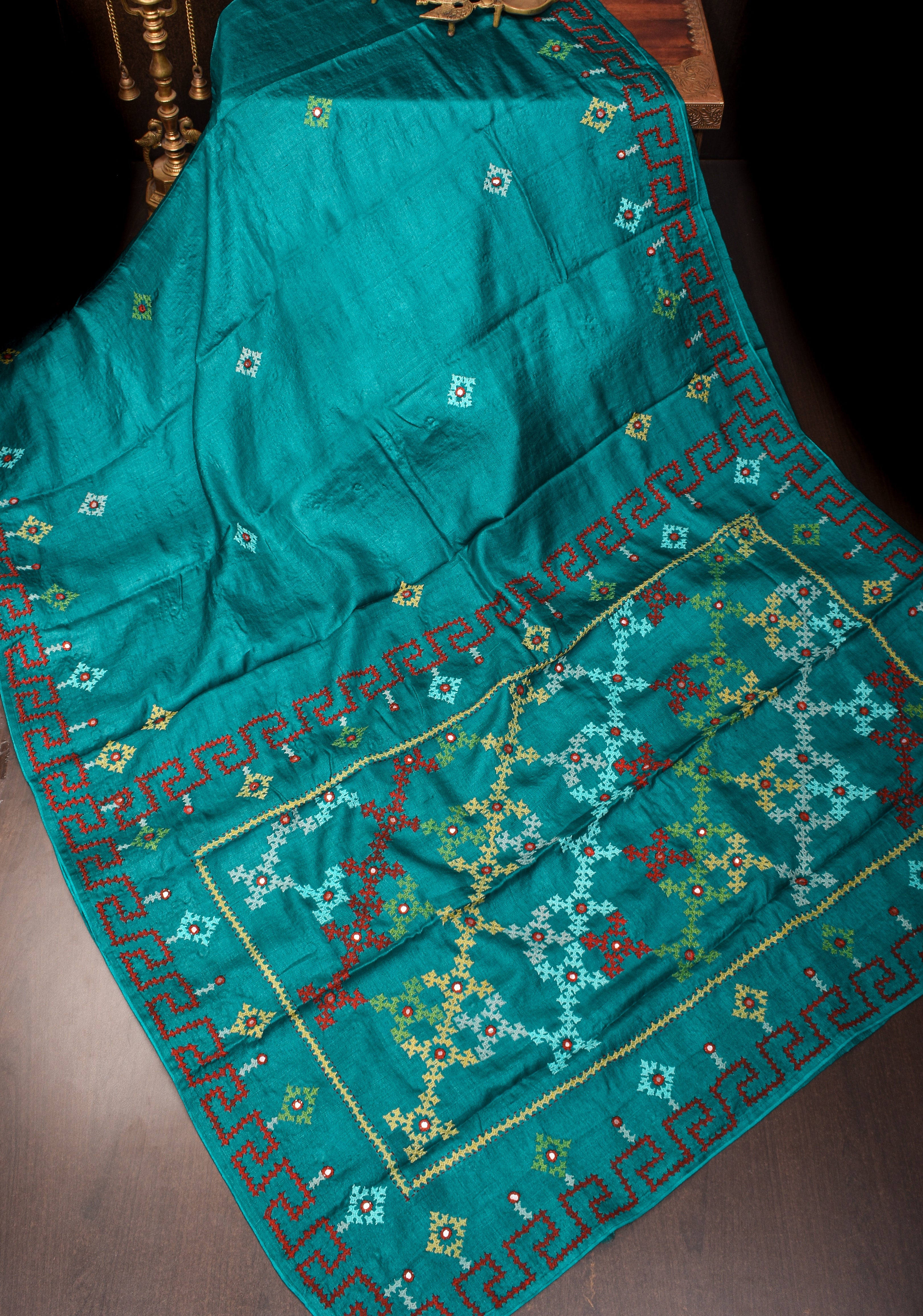 Teal Gachi Tussar Silk Saree with pitta and mirror work | CERTIFIED SILK