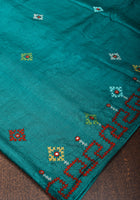 Teal Gachi Tussar Silk Saree with pitta and mirror work | CERTIFIED SILK