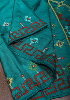 Teal Gachi Tussar Silk Saree with pitta and mirror work | CERTIFIED SILK