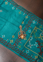 Teal Gachi Tussar Silk Saree with pitta and mirror work | CERTIFIED SILK