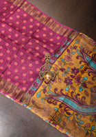 Dark Magenta Batik Gachi Tussar Silk Saree with Kalamkari Pallu | CERTIFIED SILK