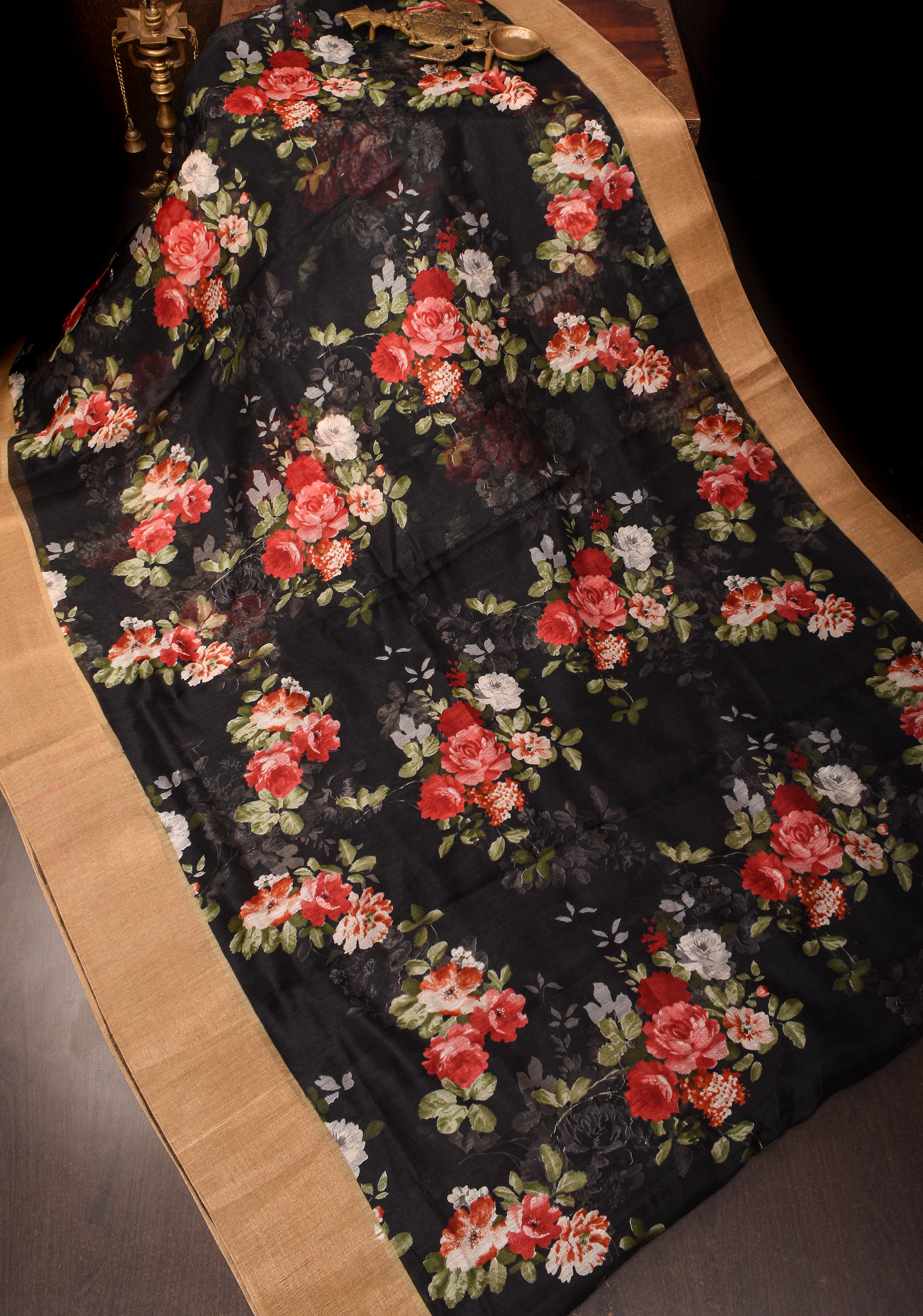 Black Cotton Linen Lightweight Saree with Rose Digital print With  Muted Zari Border