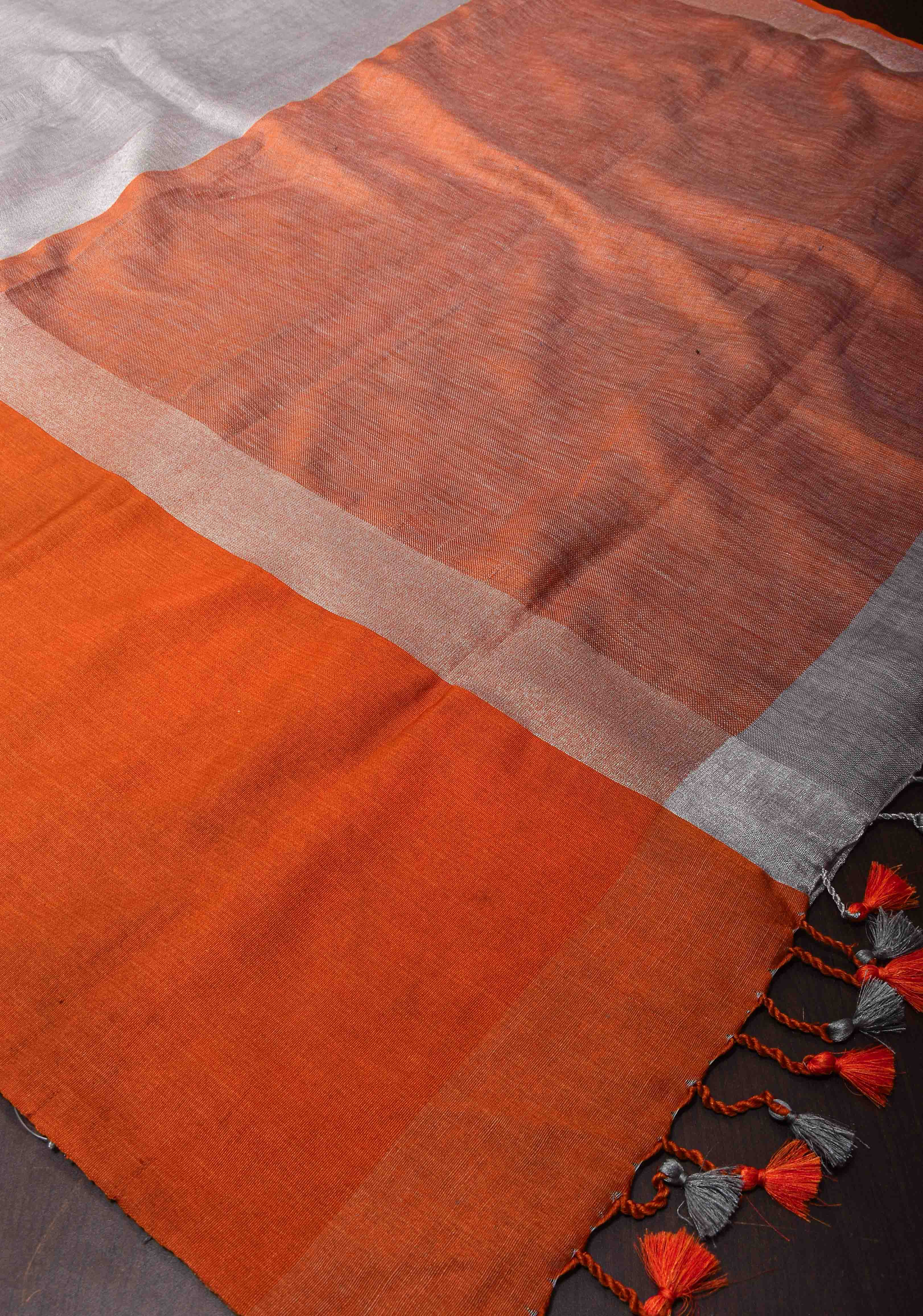 Gray and Orange Wide Border Linen by Linen Saree