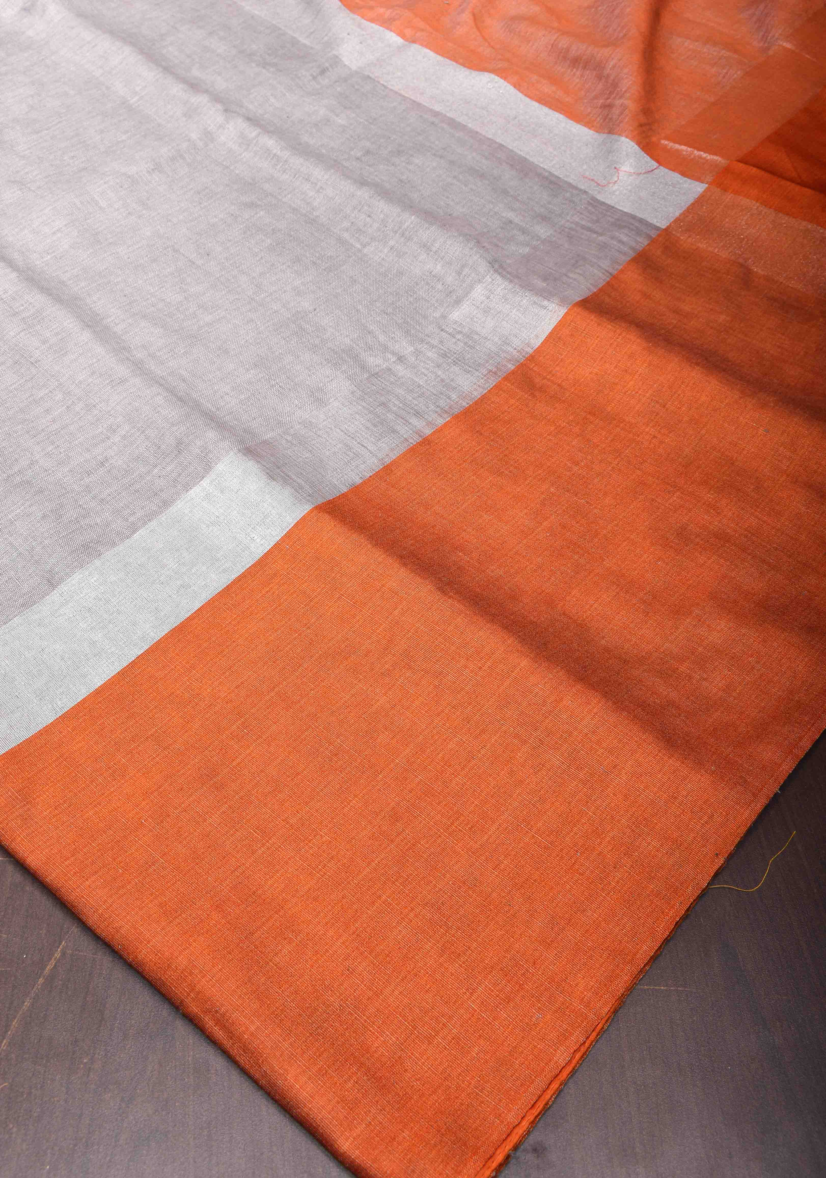 Gray and Orange Wide Border Linen by Linen Saree