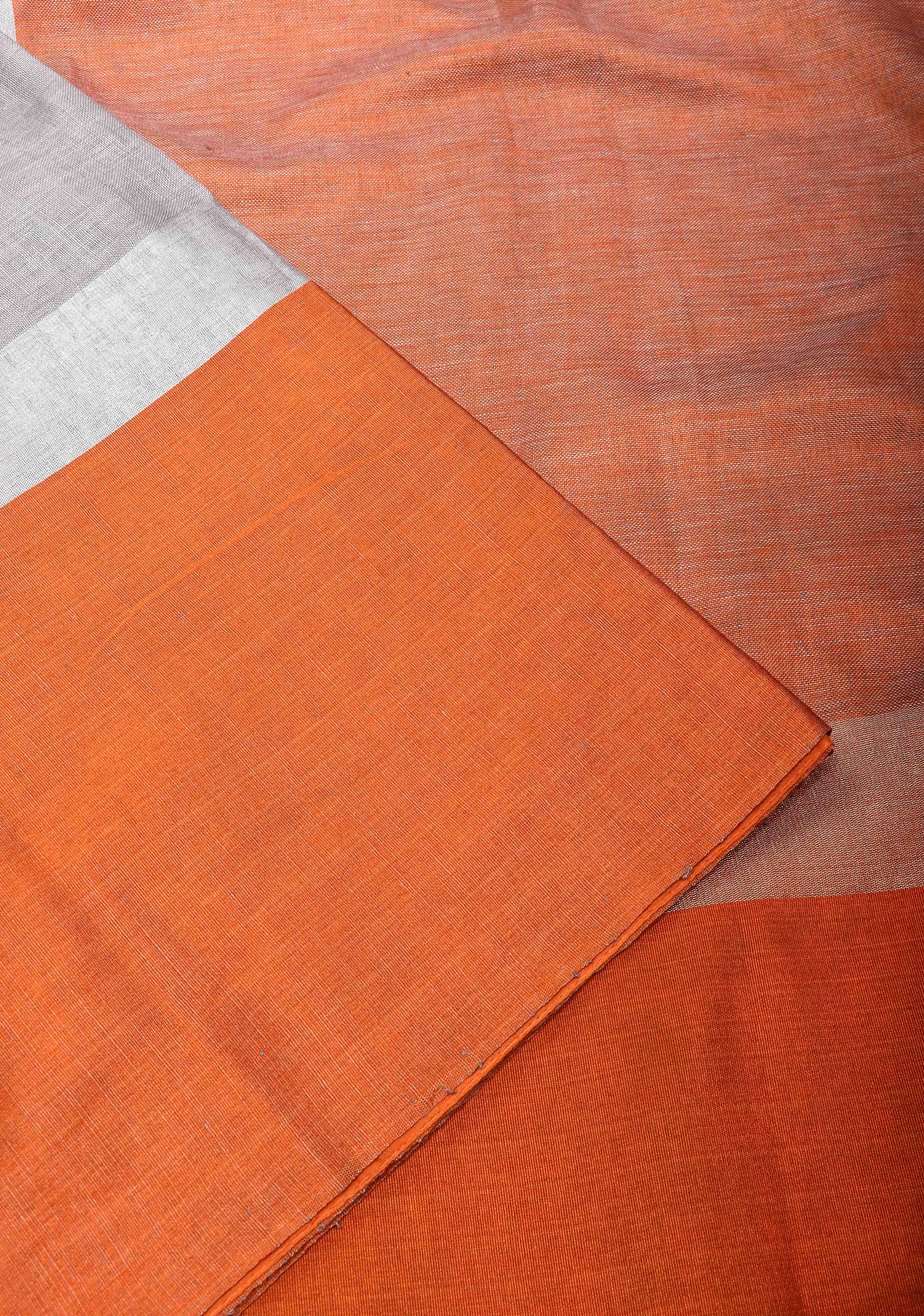 Gray and Orange Wide Border Linen by Linen Saree