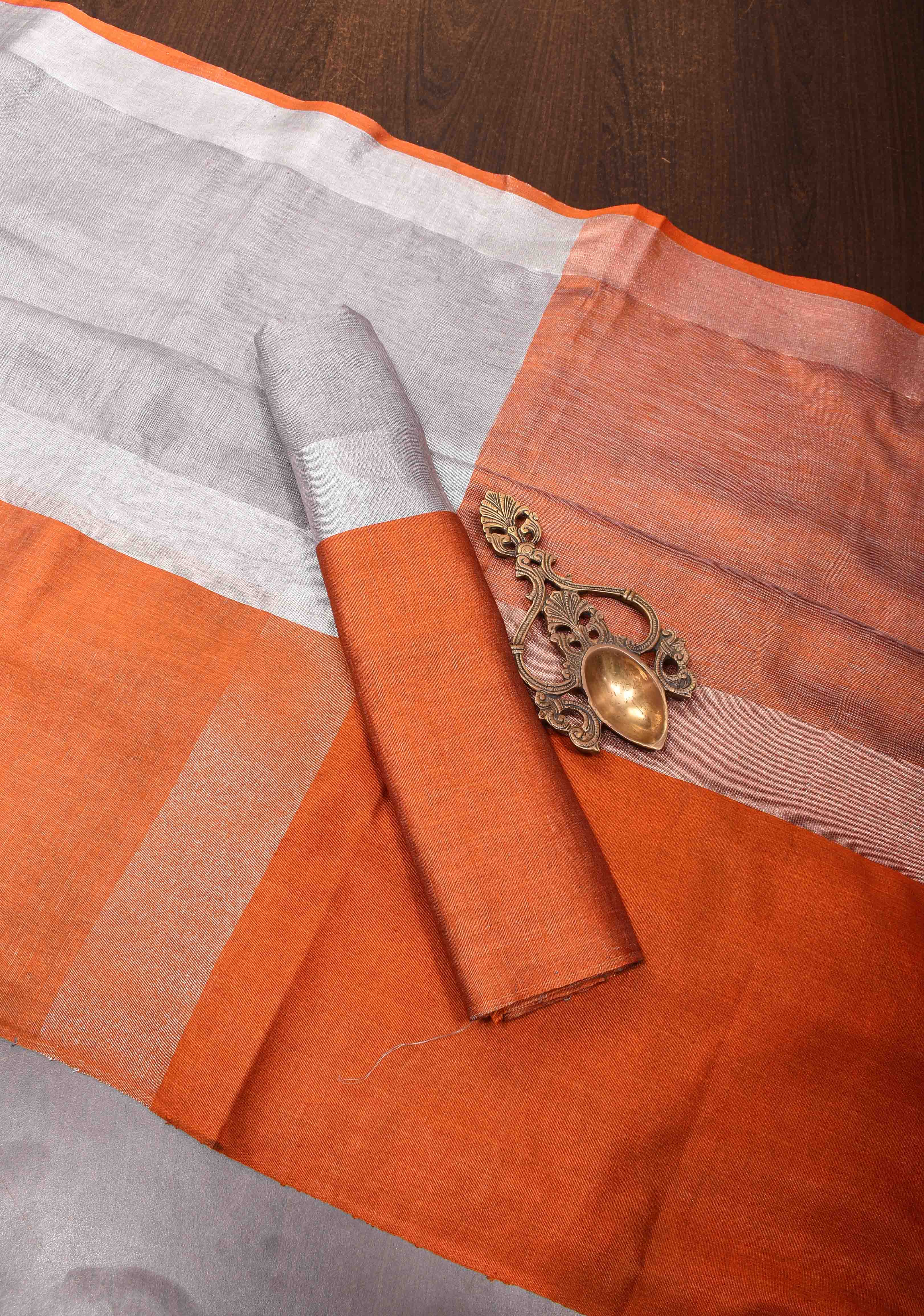 Gray and Orange Wide Border Linen by Linen Saree