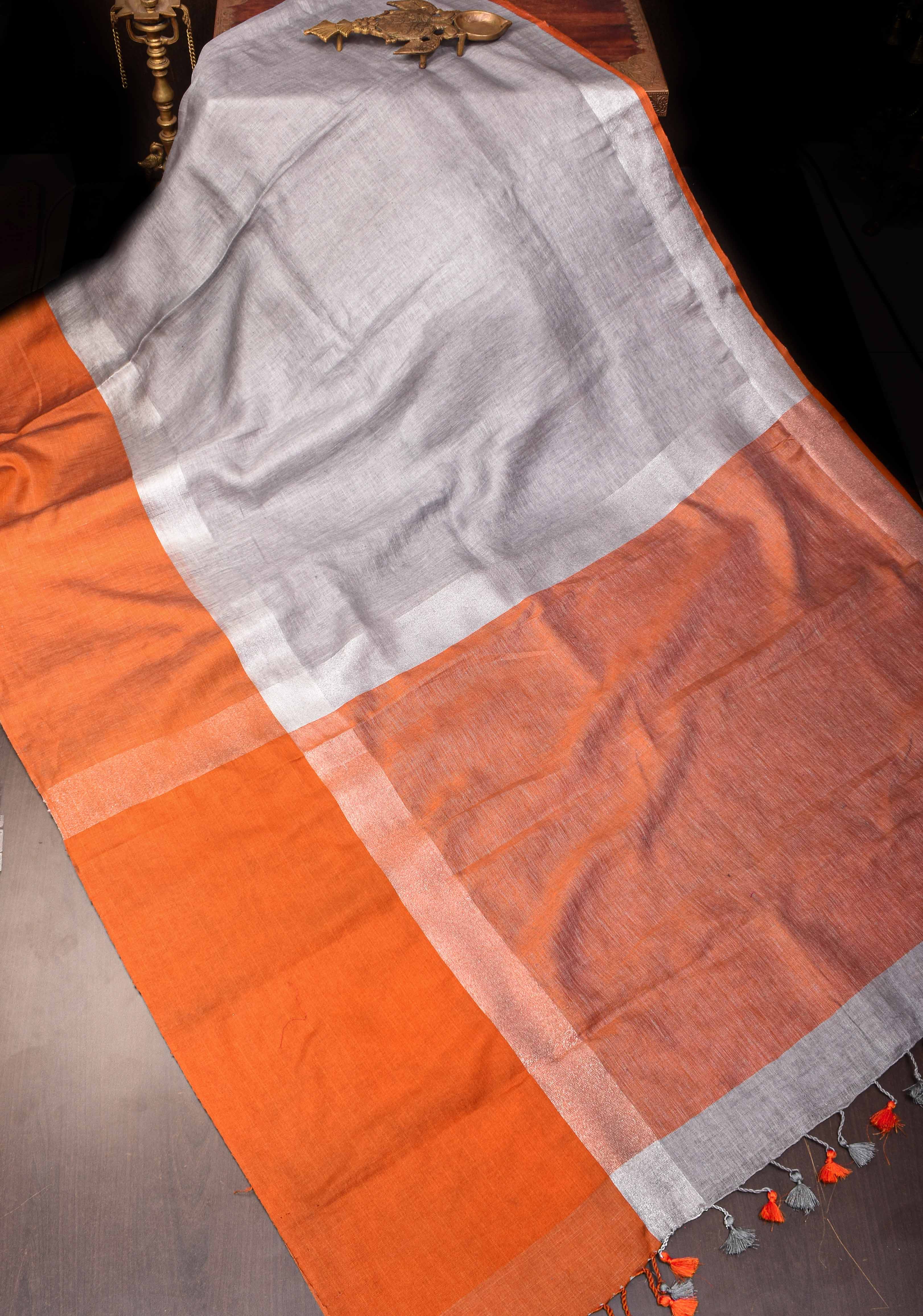 Gray and Orange Wide Border Linen by Linen Saree