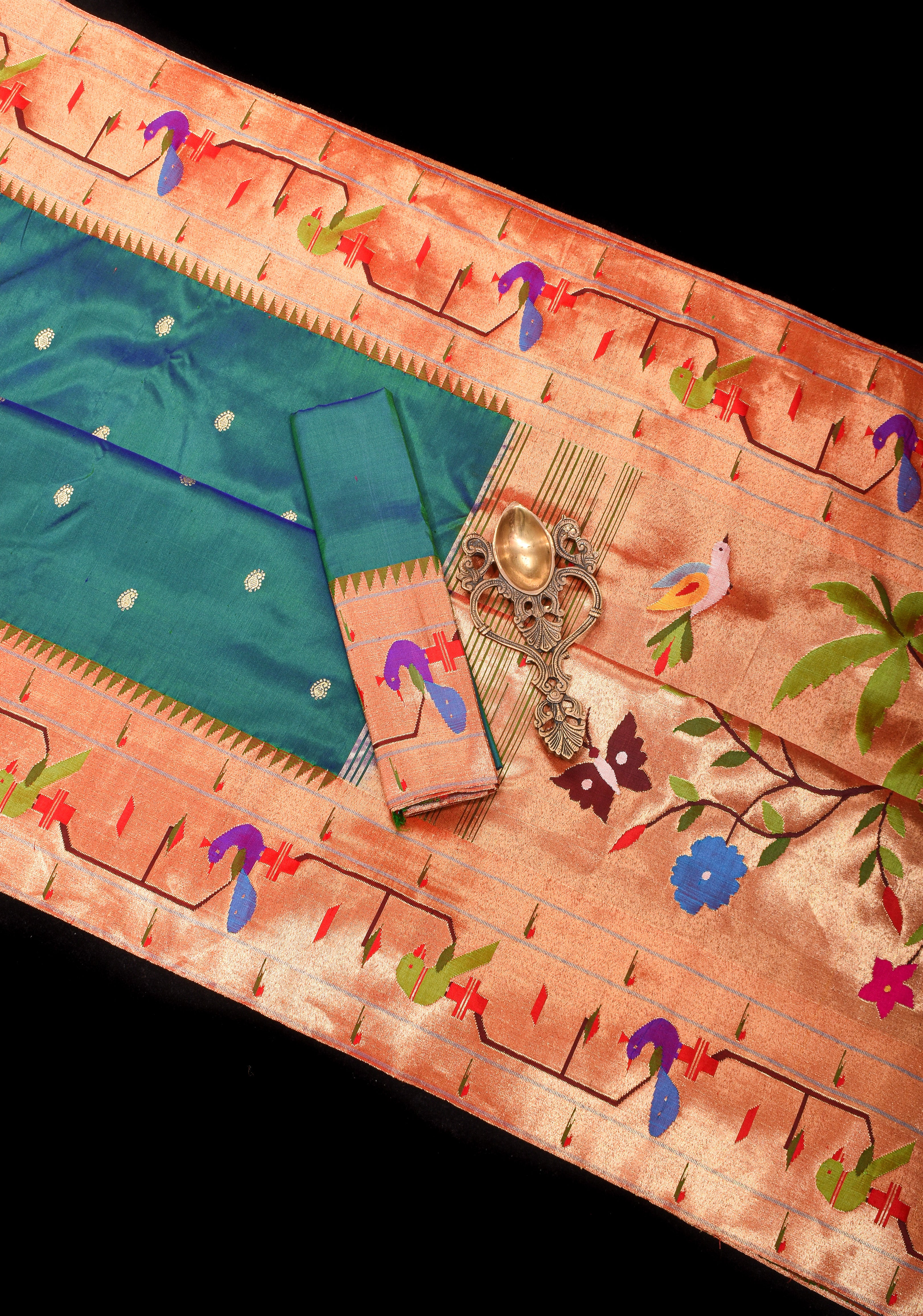 Authentic Yeola Paithani Handwoven Pure Silk Saree in peacock Blue Green with Exquisite Parrot Peacock Borders  | SILK MARK CERTIFIED