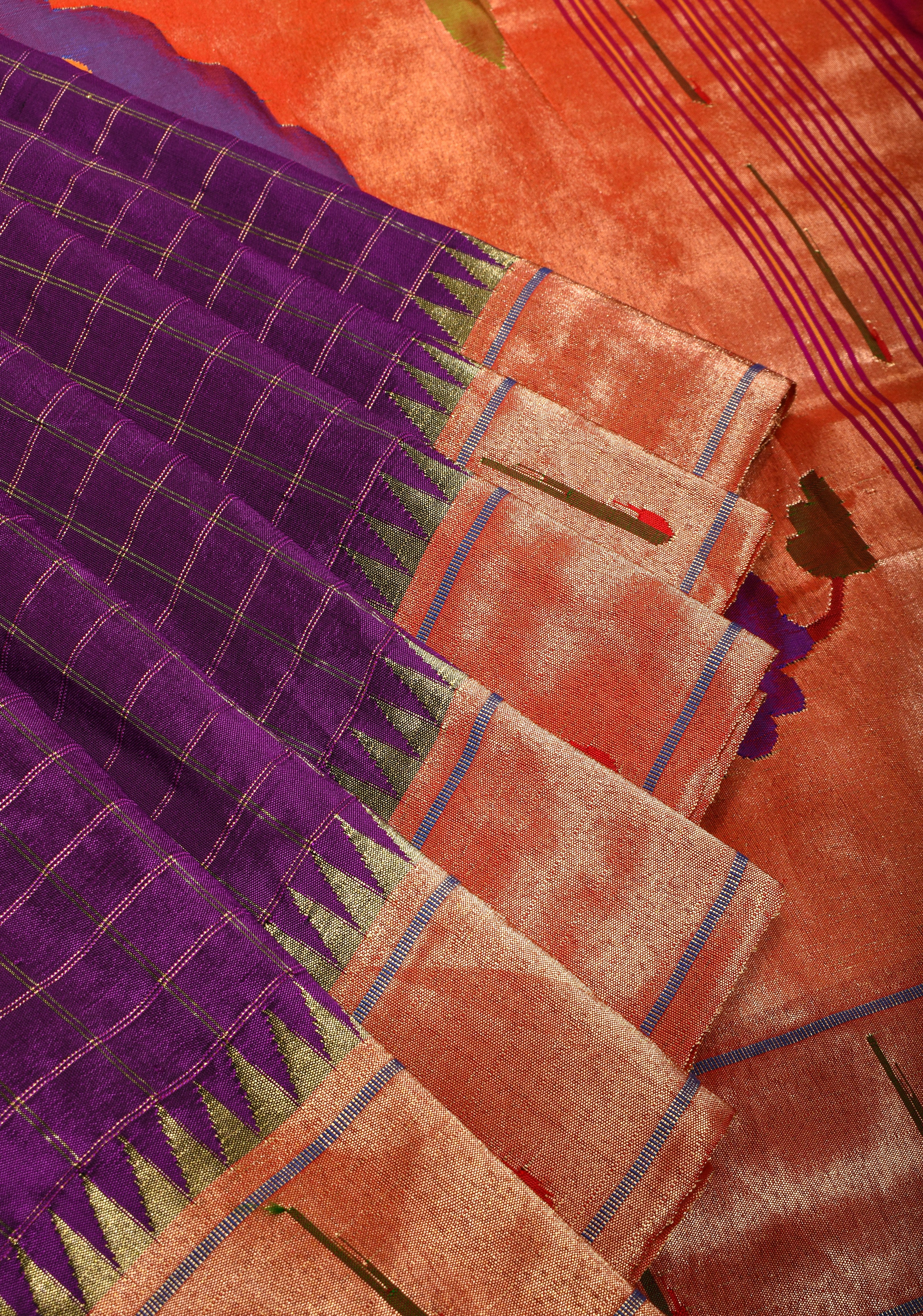 Authentic Yeola Handwoven Paithani Pure Silk Saree in Purple with Single Muniya Border in Checks and Fancy Pallu | SILK MARK CERTIFIED