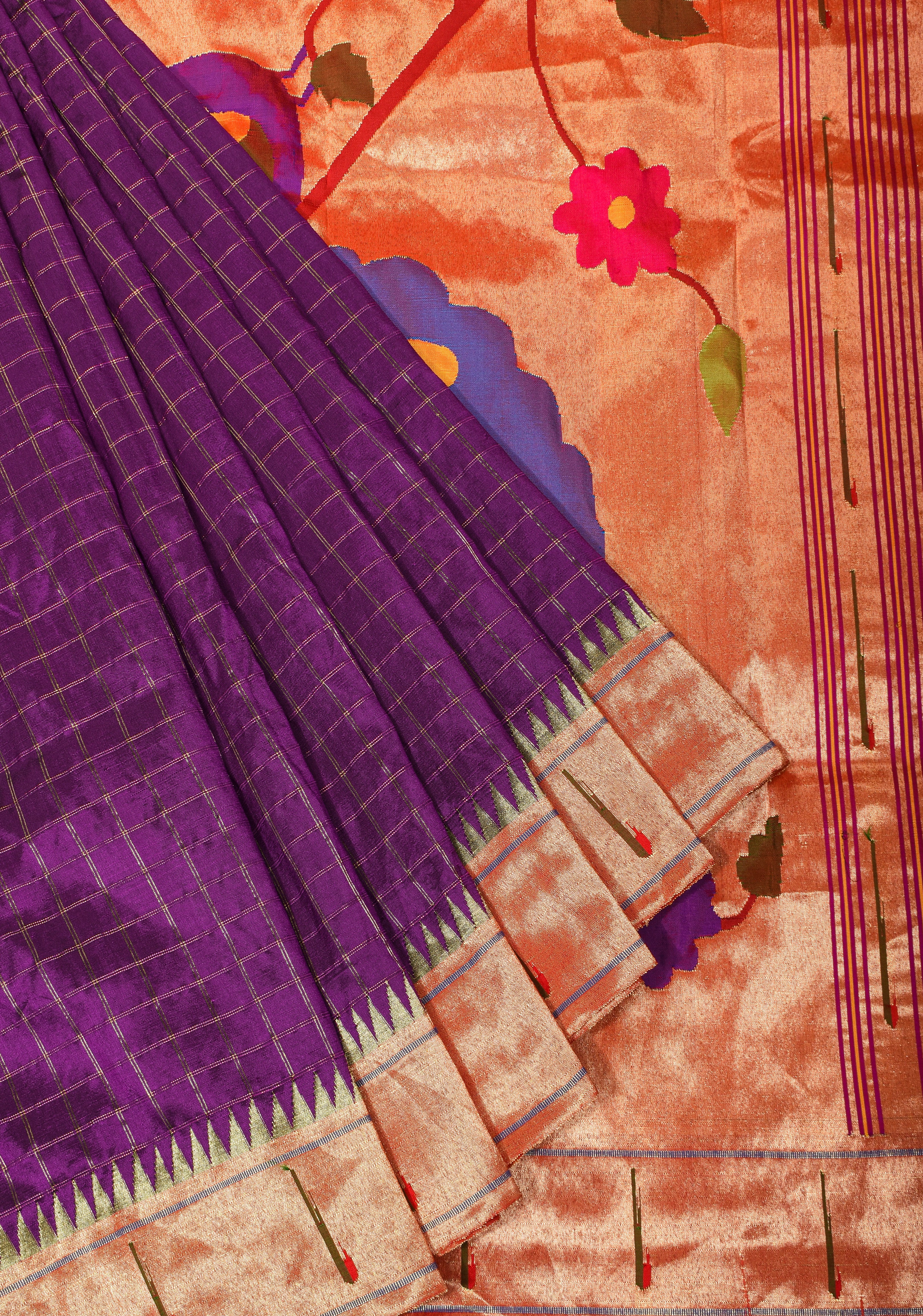 Authentic Yeola Handwoven Paithani Pure Silk Saree in Purple with Single Muniya Border in Checks and Fancy Pallu | SILK MARK CERTIFIED