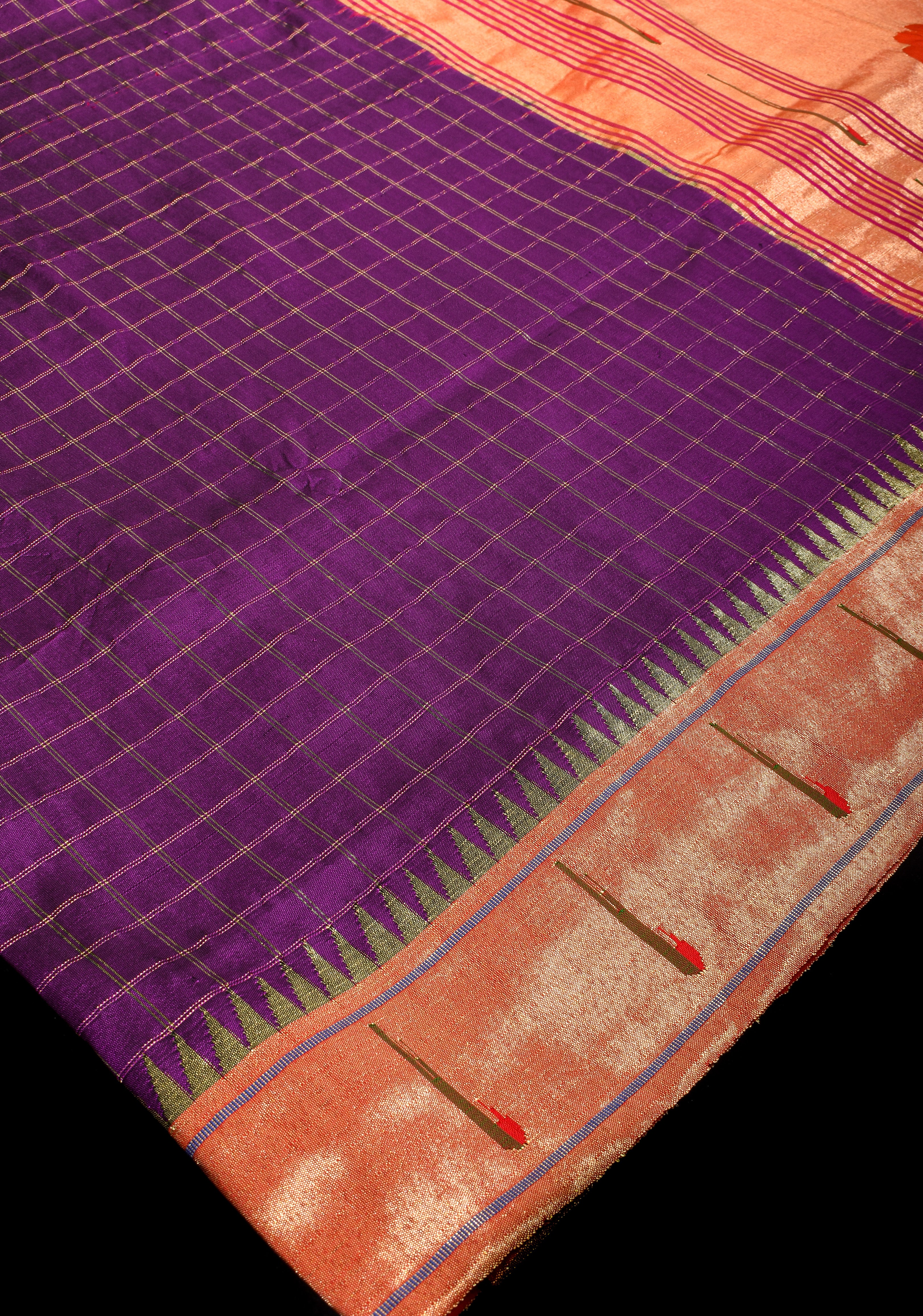 Authentic Yeola Handwoven Paithani Pure Silk Saree in Purple with Single Muniya Border in Checks and Fancy Pallu | SILK MARK CERTIFIED