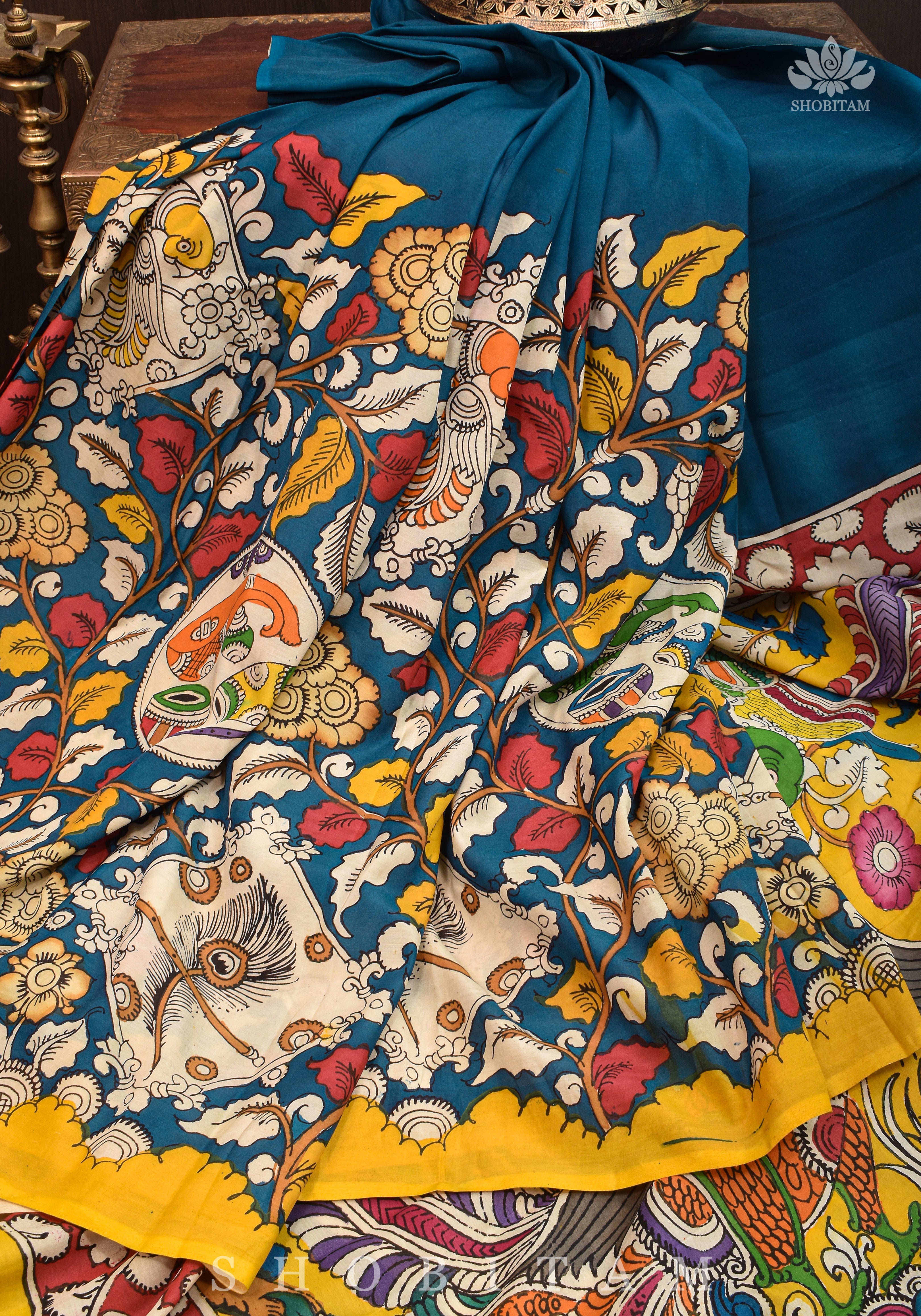 Hand painted kalamkari on Chennuri silk Saree in Prussian Blue