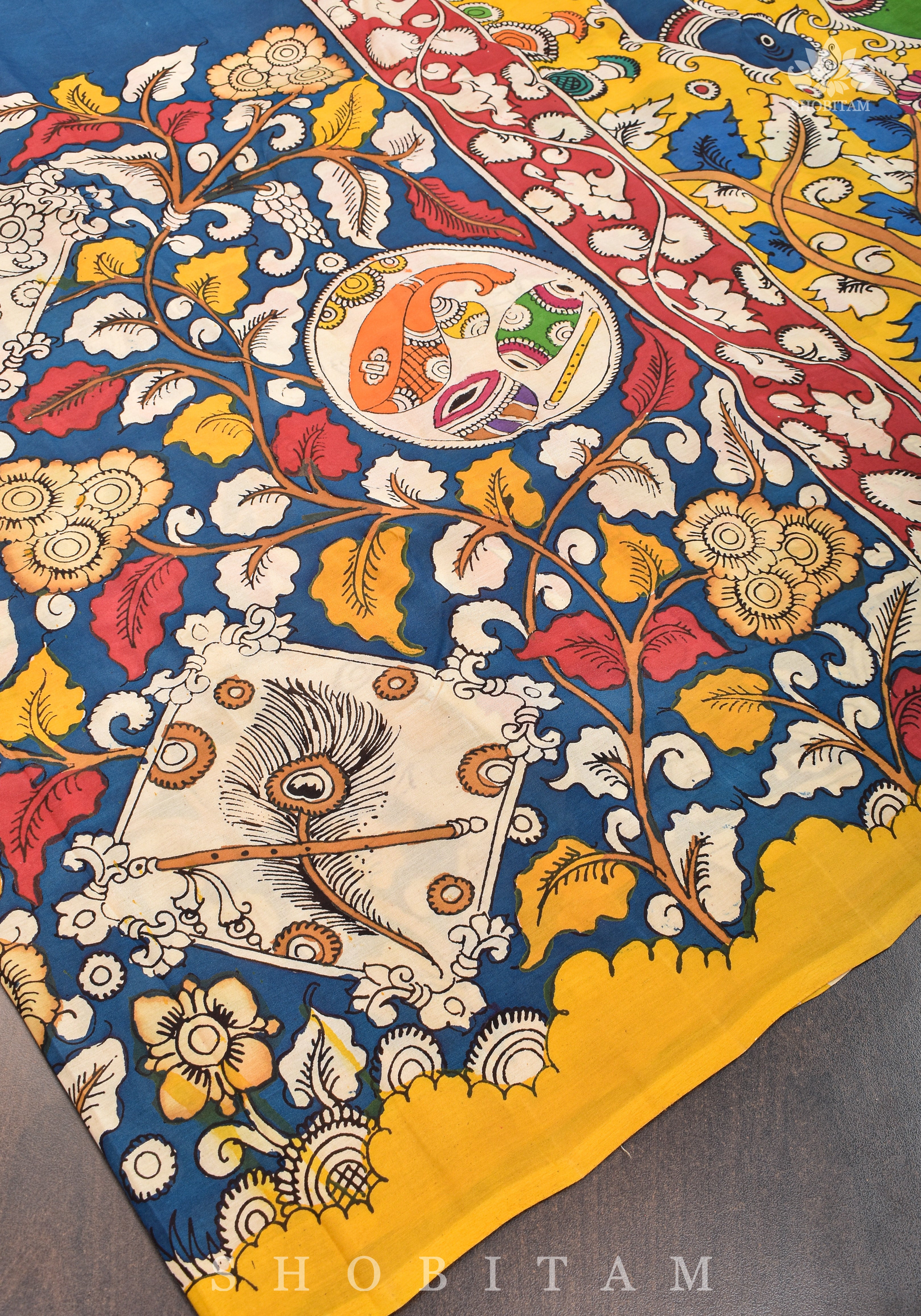 Hand painted kalamkari on Chennuri silk Saree in Prussian Blue