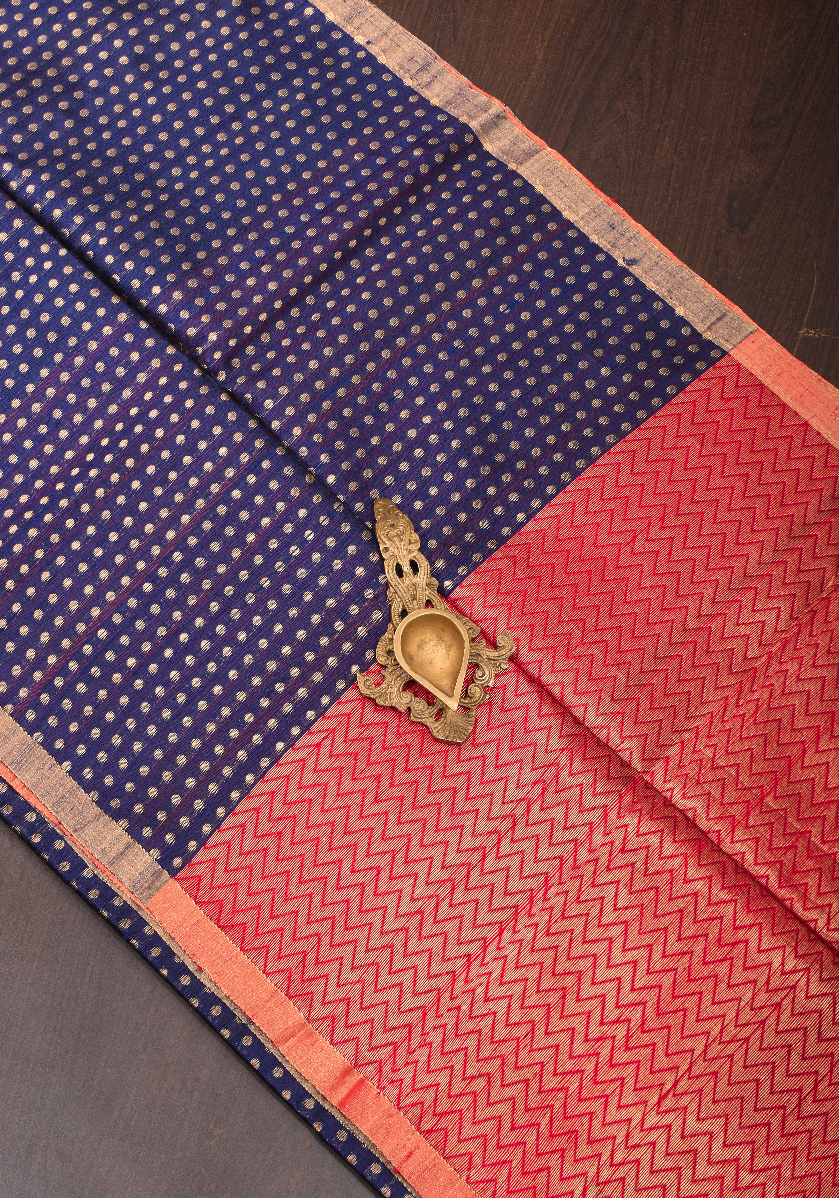 Blue and Red Pure Raw Silk Saree with Full Body Zari buttas | SILK MARK CERTIFIED