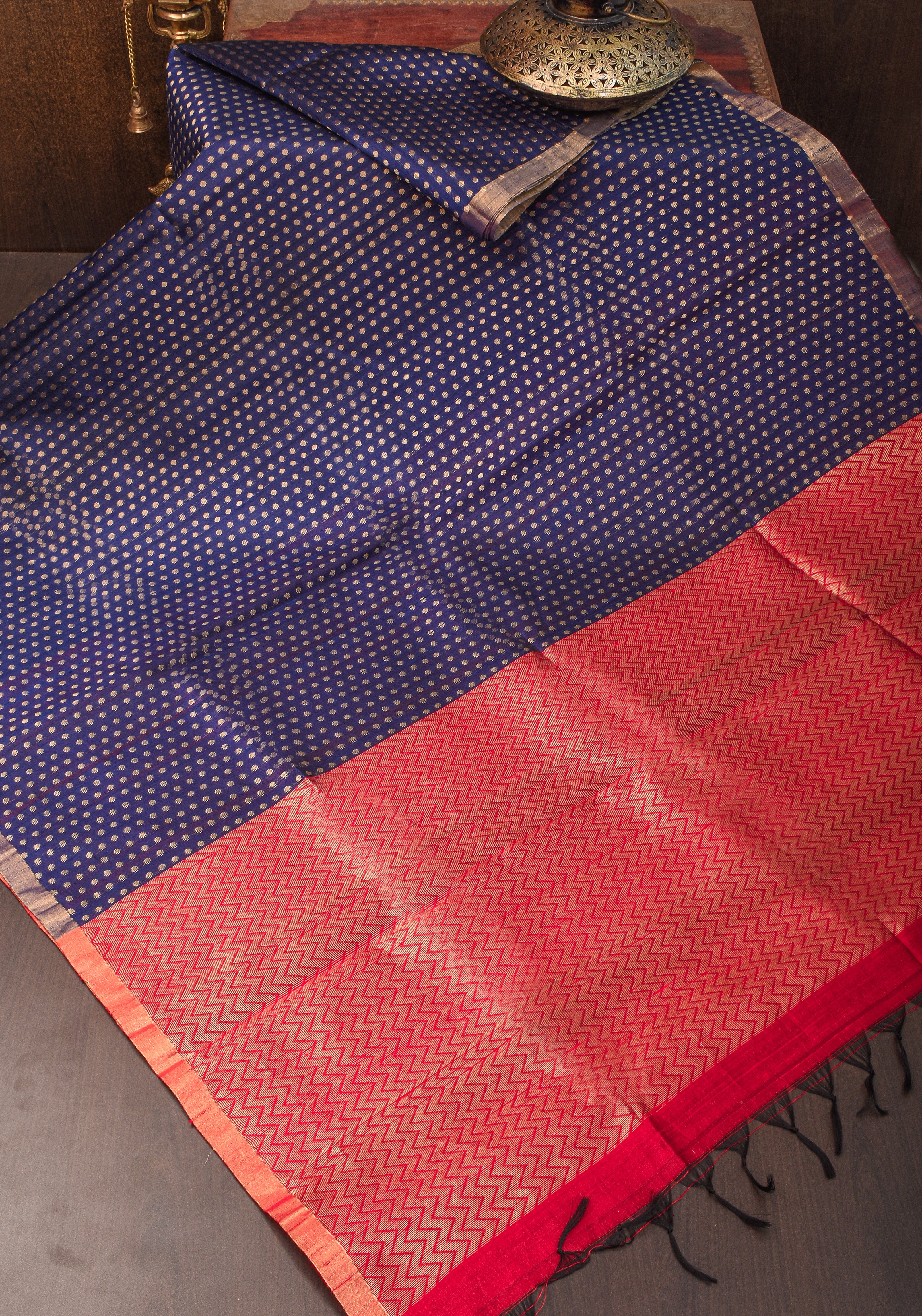 Blue and Red Pure Raw Silk Saree with Full Body Zari buttas | SILK MARK CERTIFIED