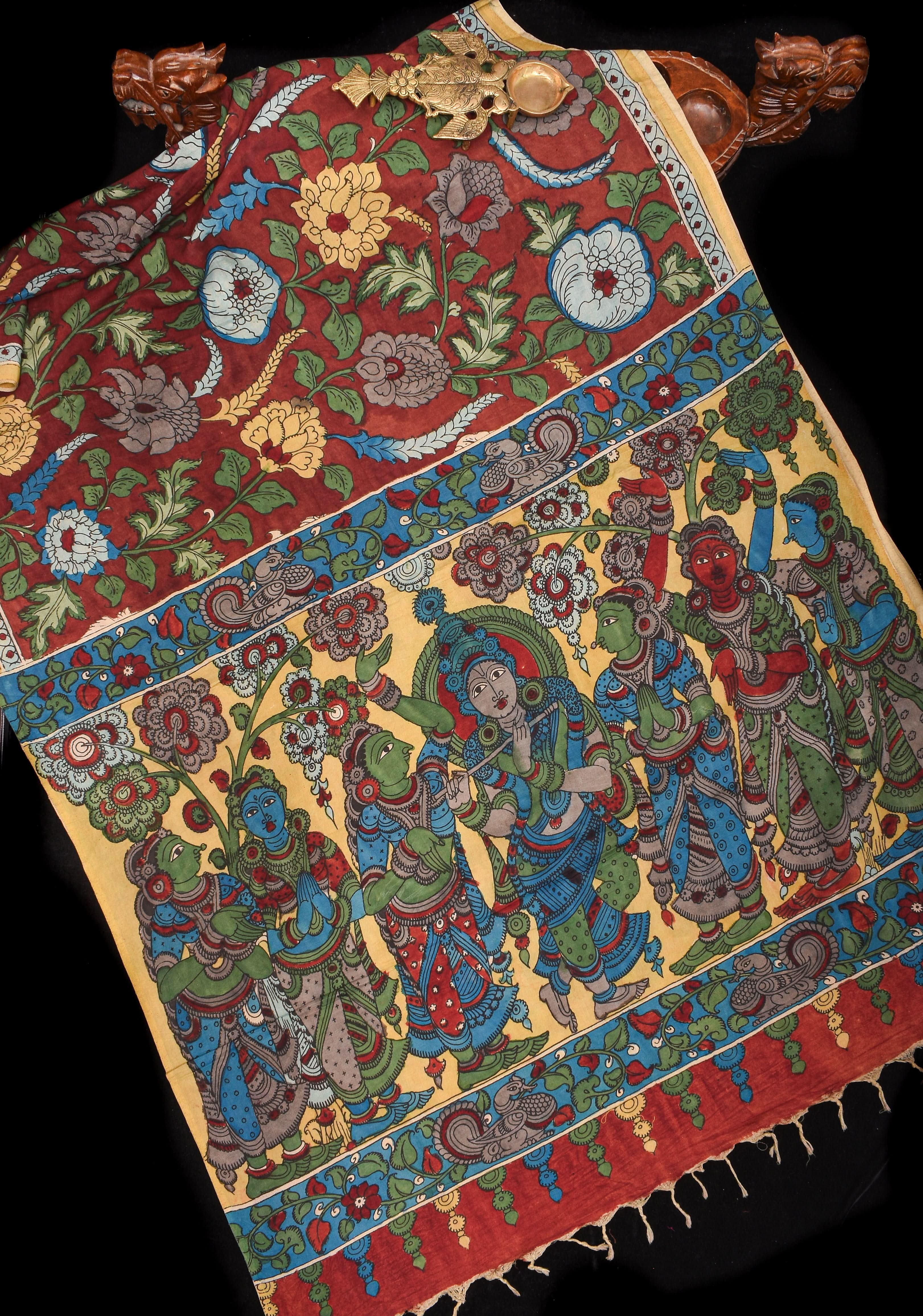 Maroon Authentic Pen Kalamkari on Pure Assam Silk with Krishna and Gopis Theme Pallu | SILK MARKED CERTIFIED