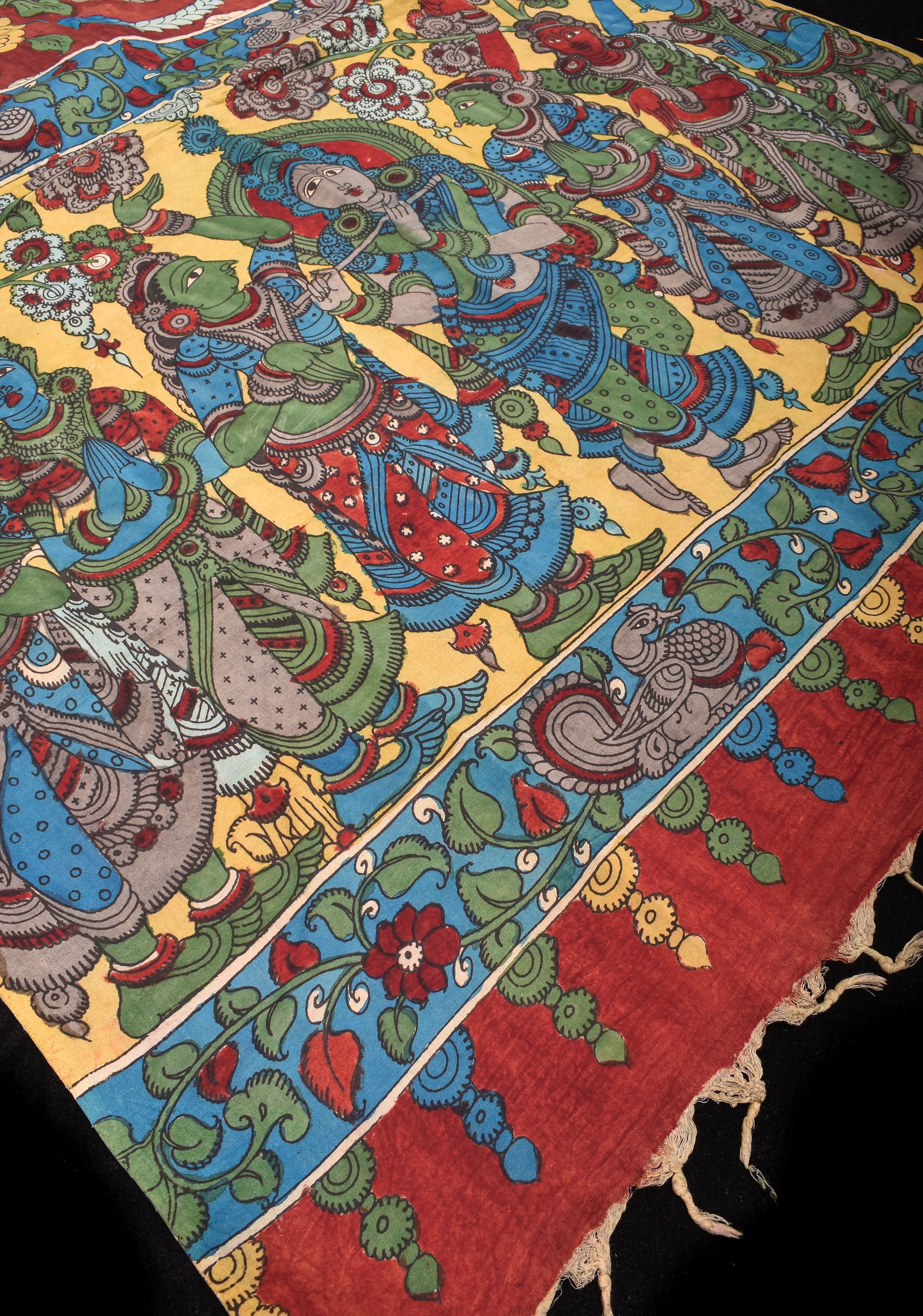 Maroon Authentic Pen Kalamkari on Pure Assam Silk with Krishna and Gopis Theme Pallu | SILK MARKED CERTIFIED