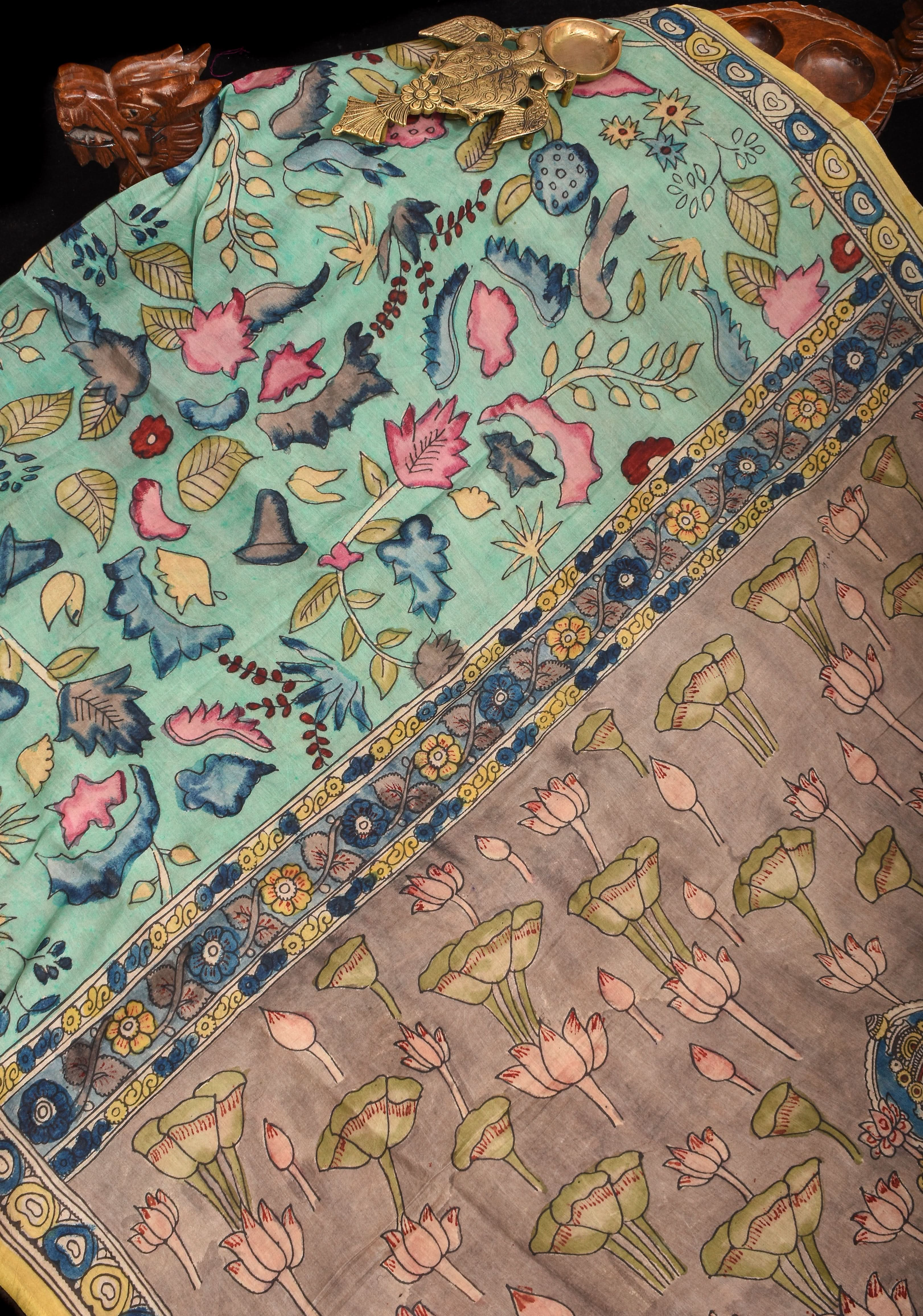 Pastel Aqua Authentic Pen Kalamkari on Pure Assam Silk with Lakshmi Theme Pallu | SILK MARKED CERTIFIED