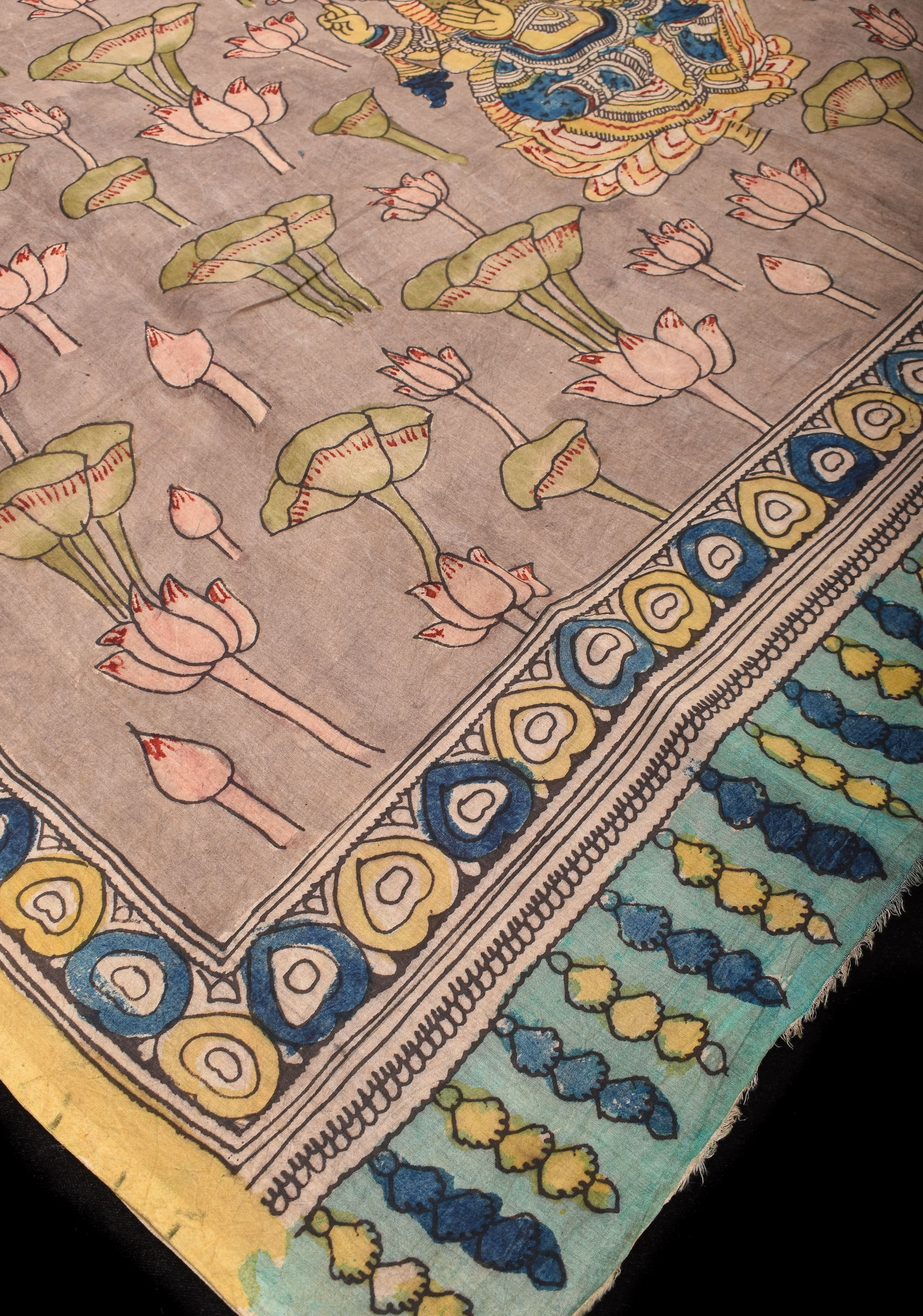 Pastel Aqua Authentic Pen Kalamkari on Pure Assam Silk with Lakshmi Theme Pallu | SILK MARKED CERTIFIED