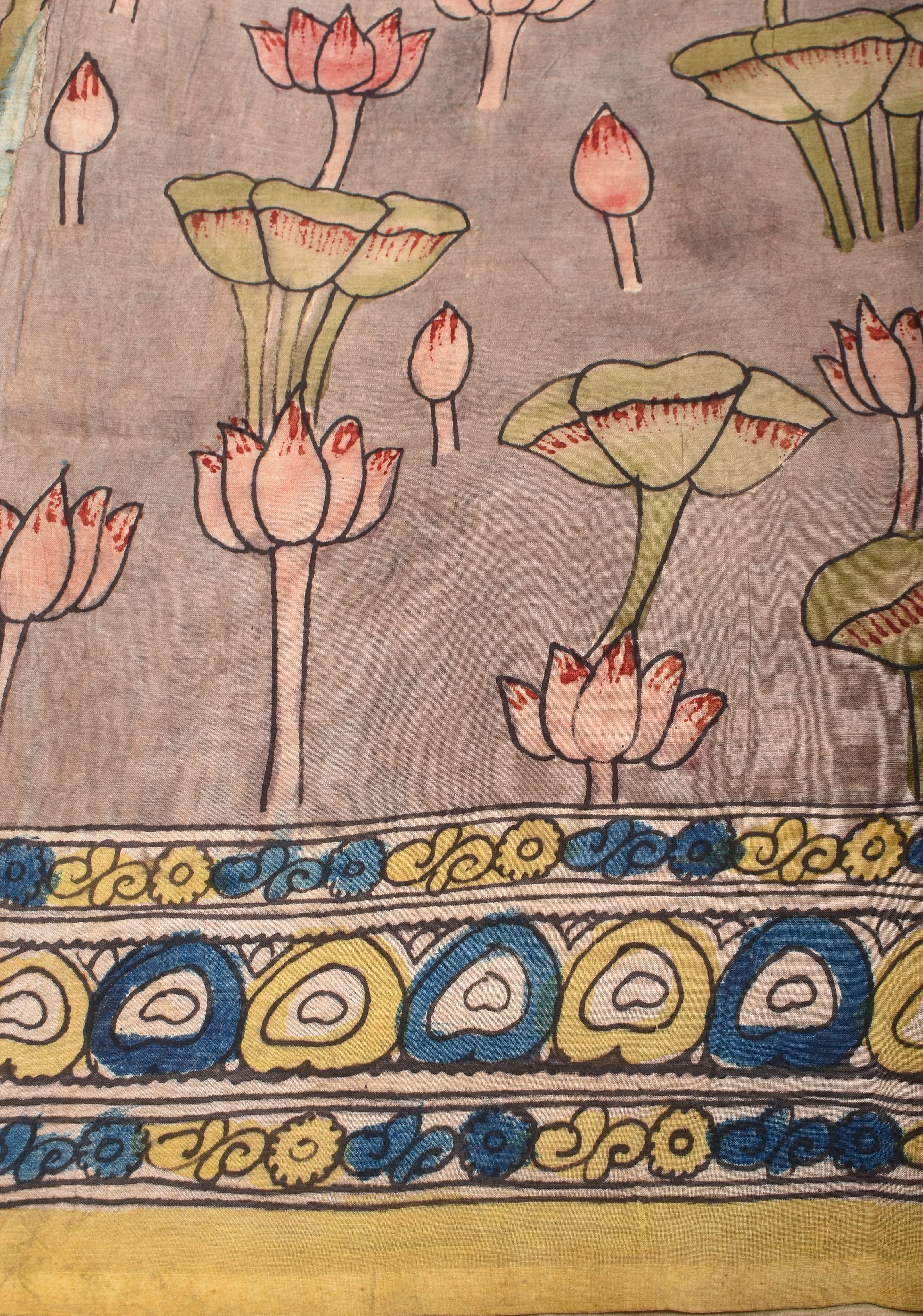 Pastel Aqua Authentic Pen Kalamkari on Pure Assam Silk with Lakshmi Theme Pallu | SILK MARKED CERTIFIED