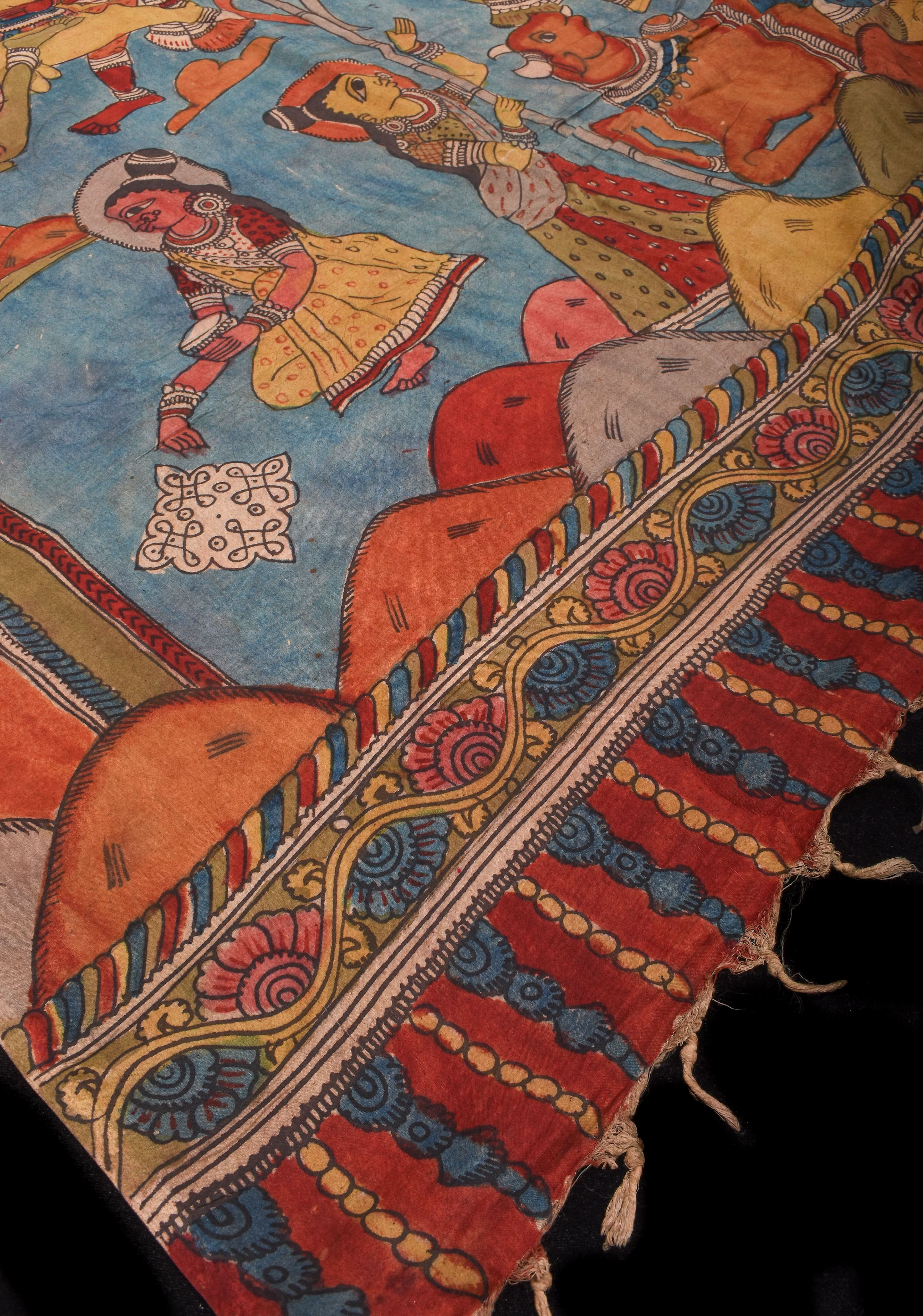 Gray Authentic Pen Kalamkari on Pure Assam Silk with Village Theme Pallu | SILK MARKED CERTIFIED