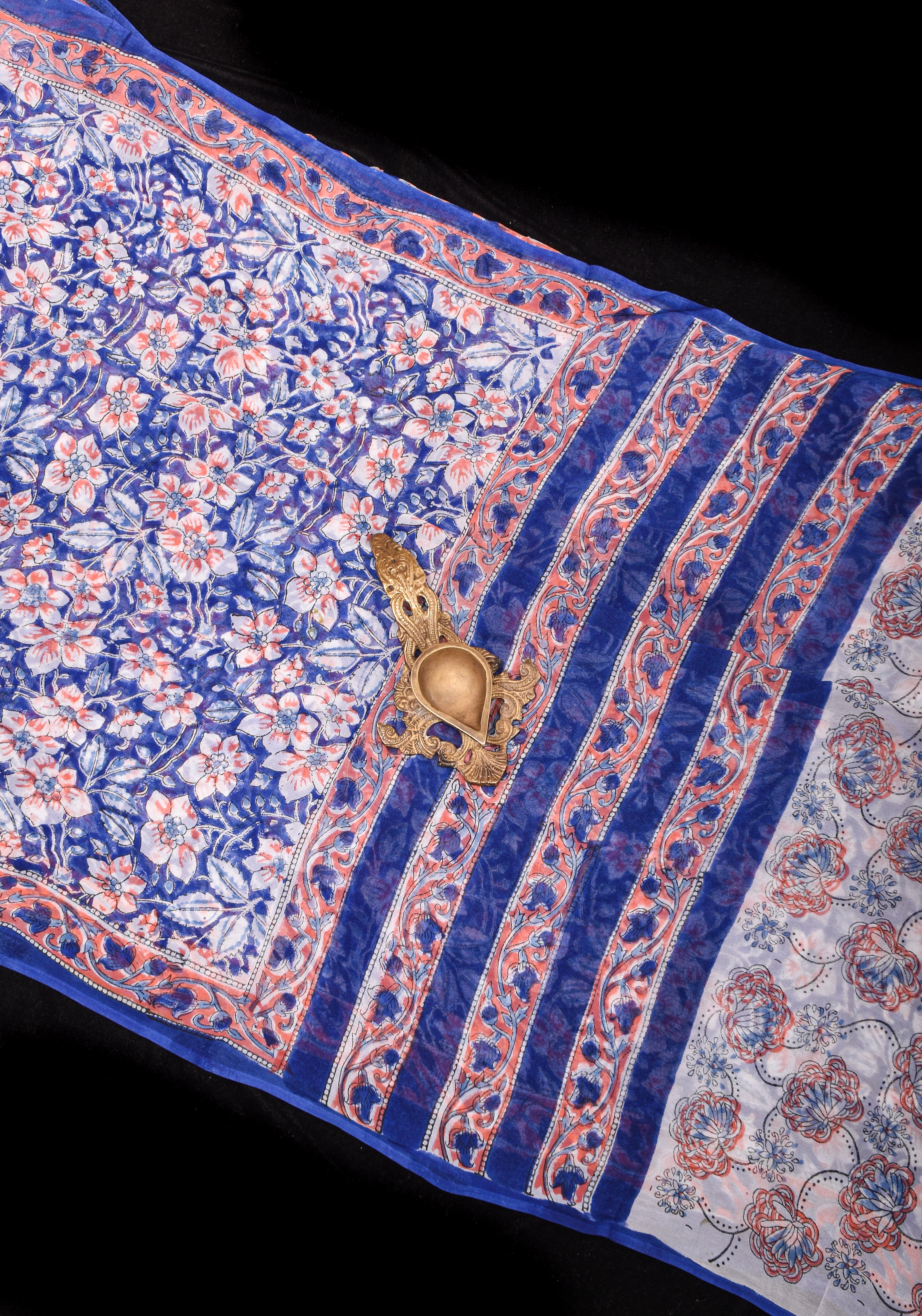 Mediterranean Blue Georgette Saree with Sanganeri Hand Block Print Florals