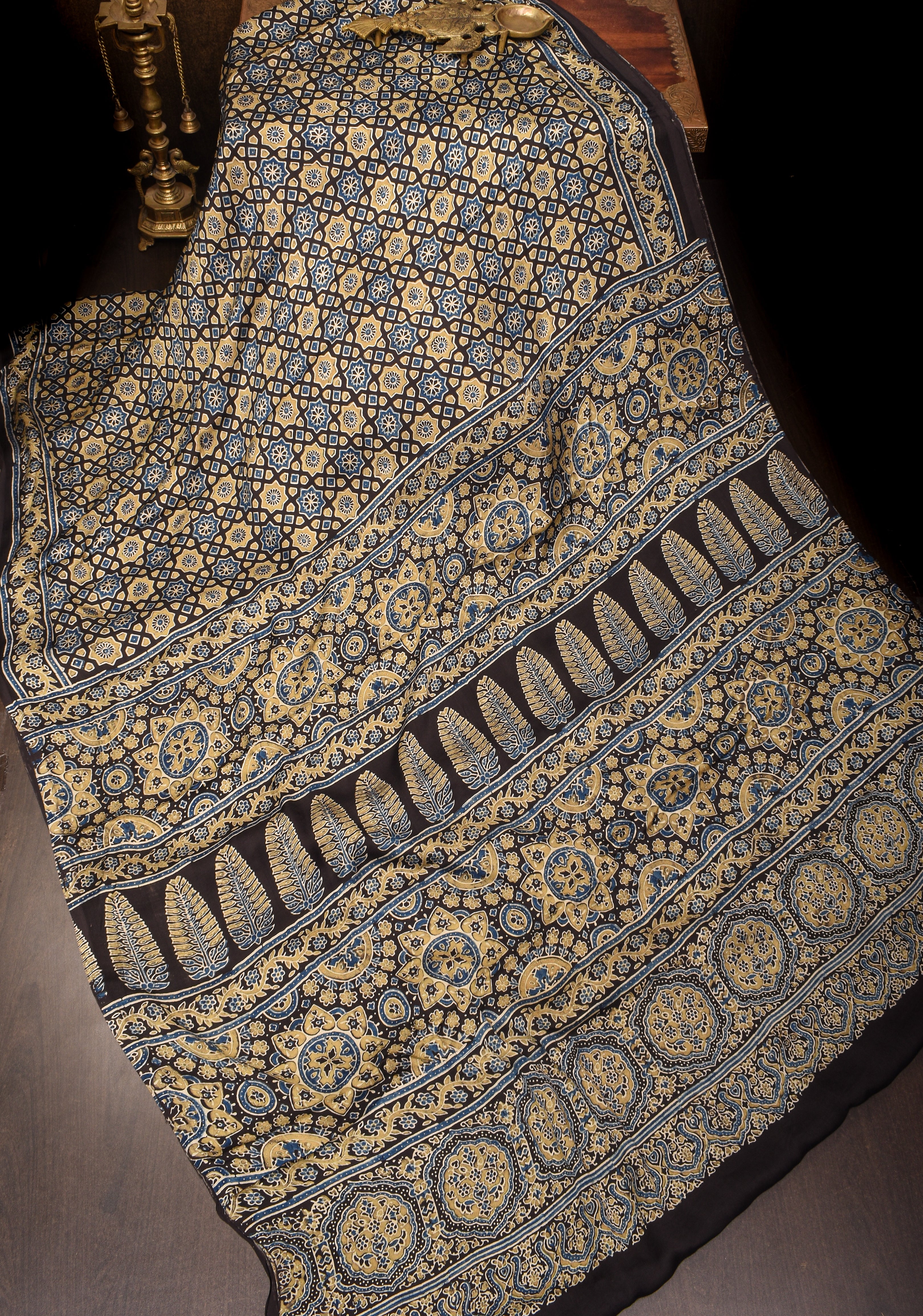 Black Ajrakh Hand Block Print on Modal Silk Saree