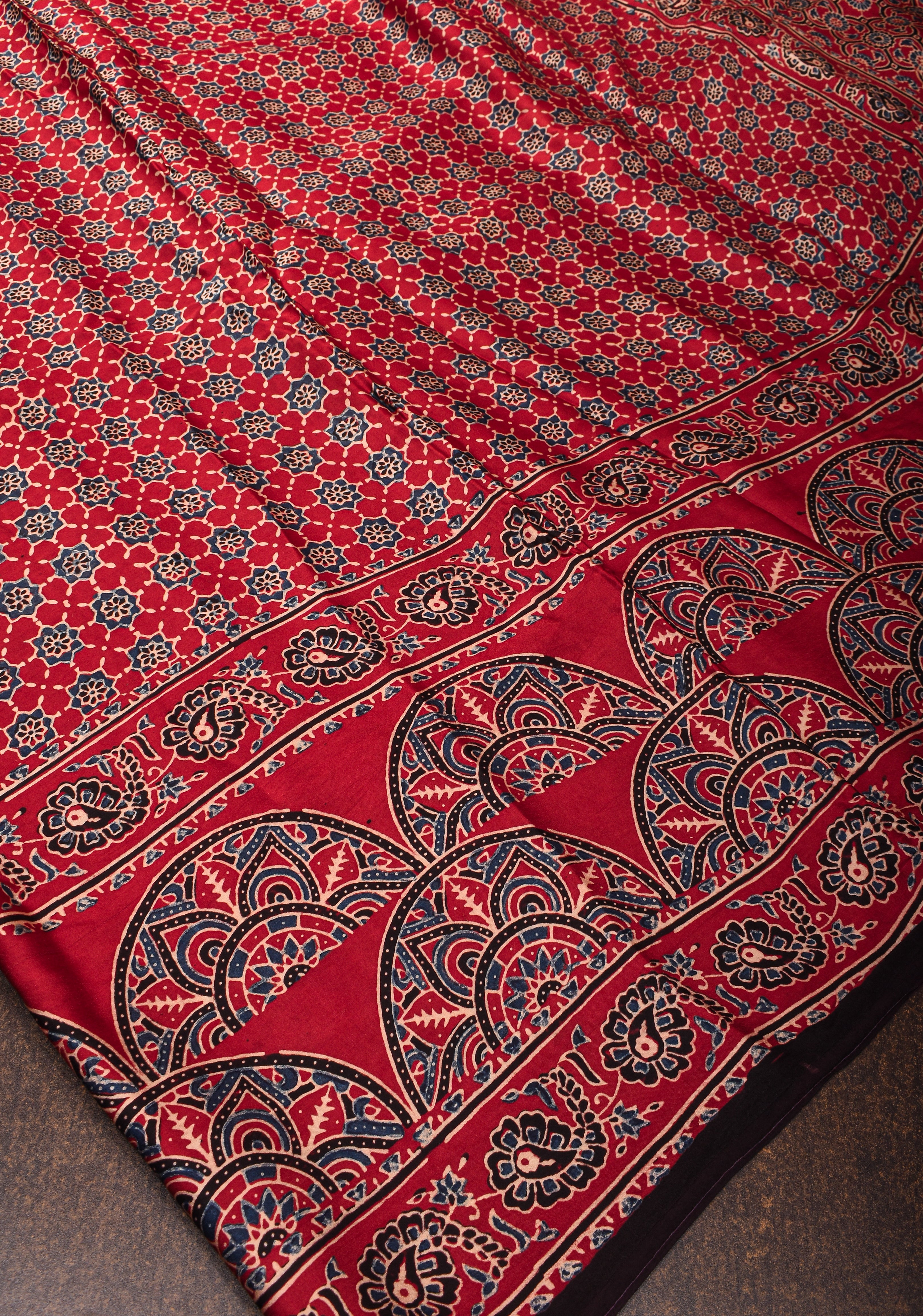 Wine Red Ajrakh Hand Block Print on Modal Silk Saree