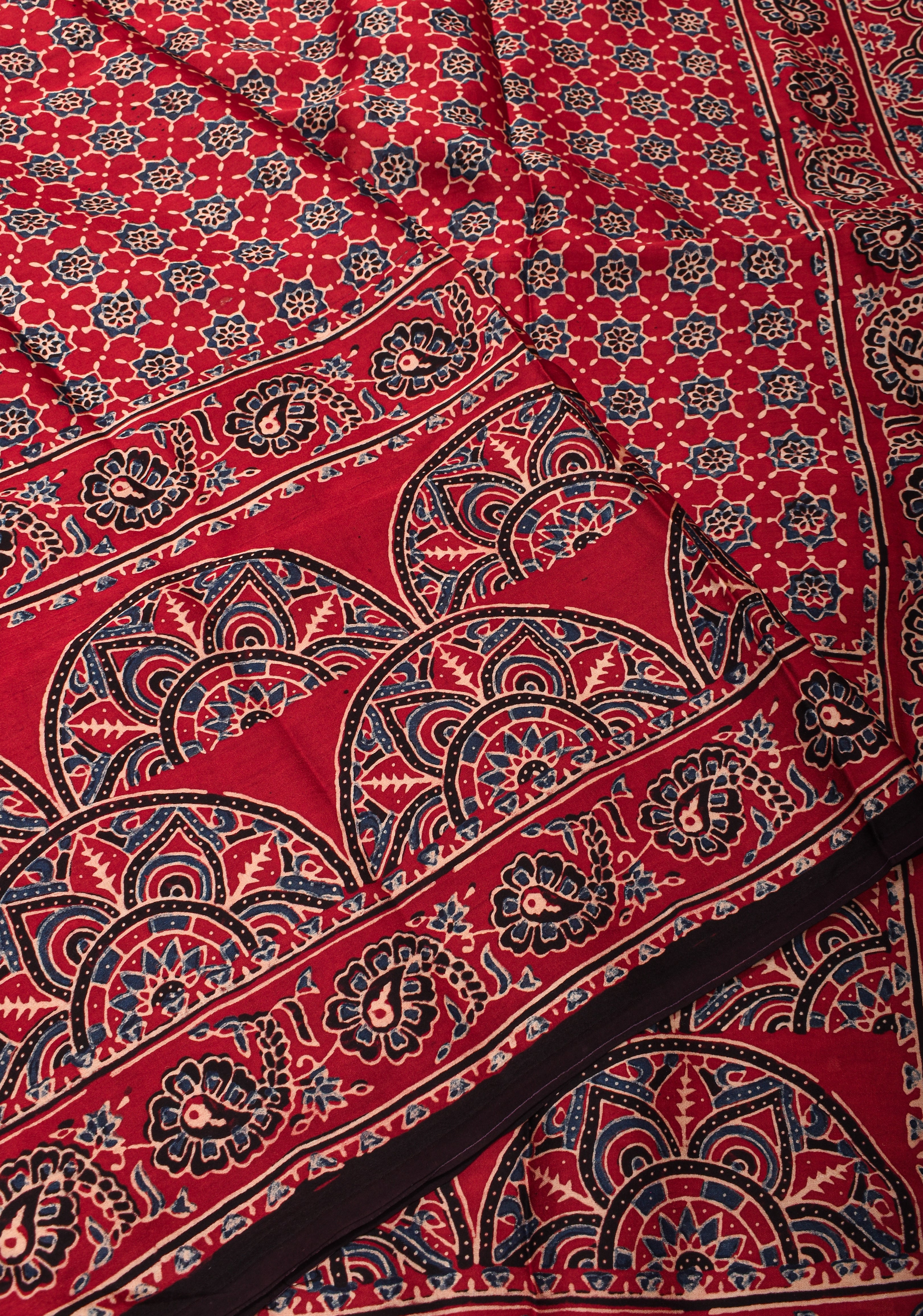 Wine Red Ajrakh Hand Block Print on Modal Silk Saree