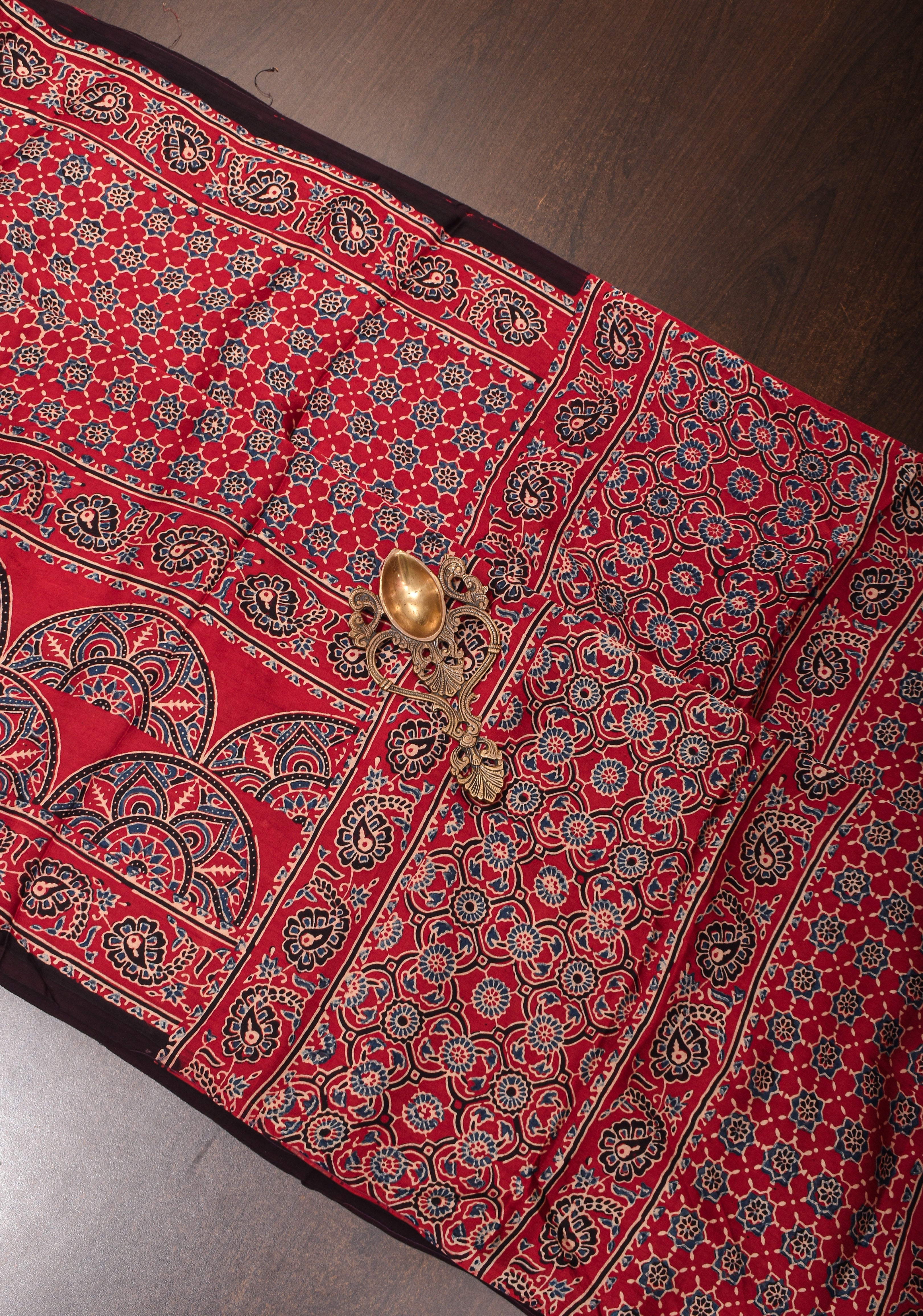 Wine Red Ajrakh Hand Block Print on Modal Silk Saree