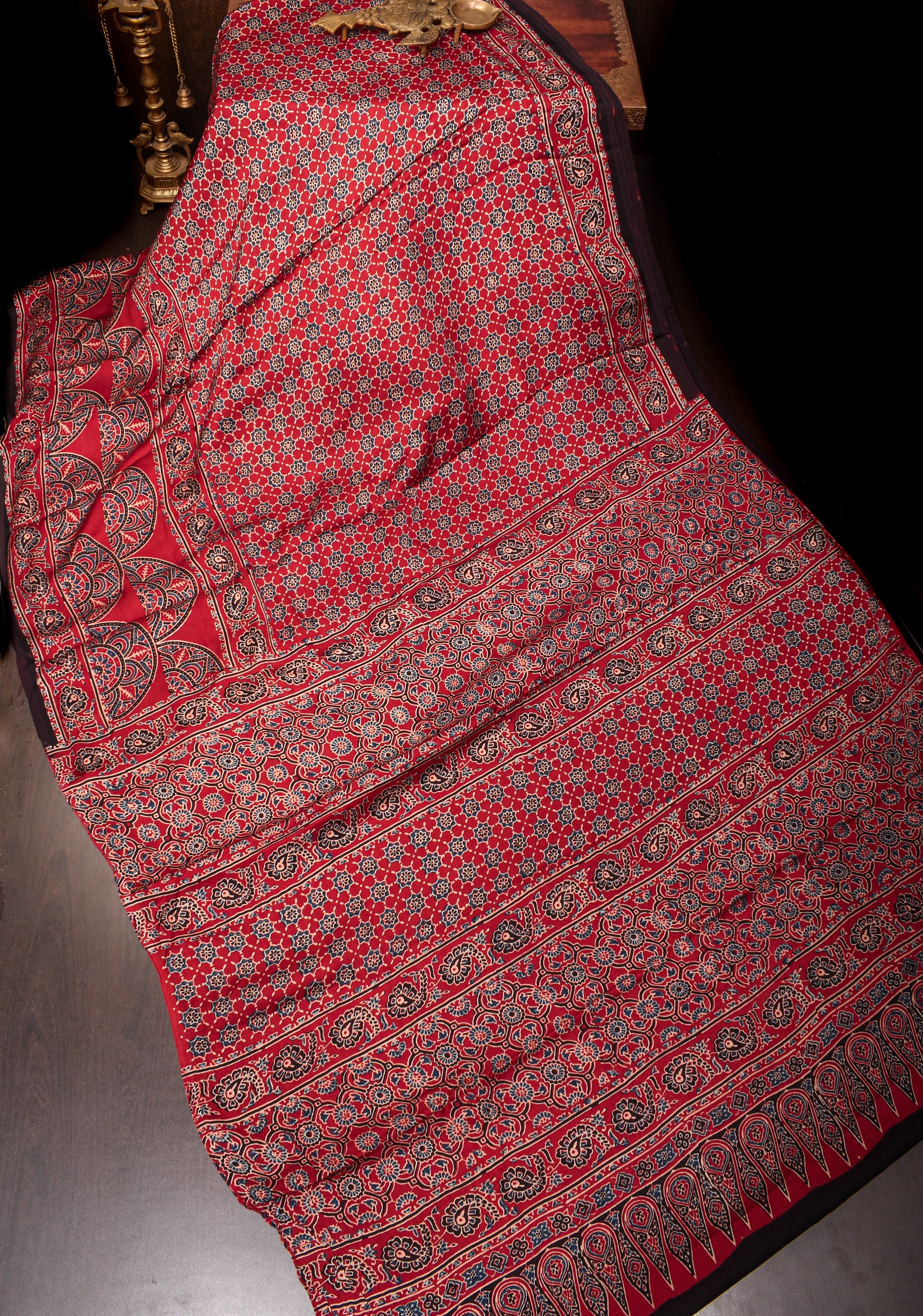 Wine Red Ajrakh Hand Block Print on Modal Silk Saree